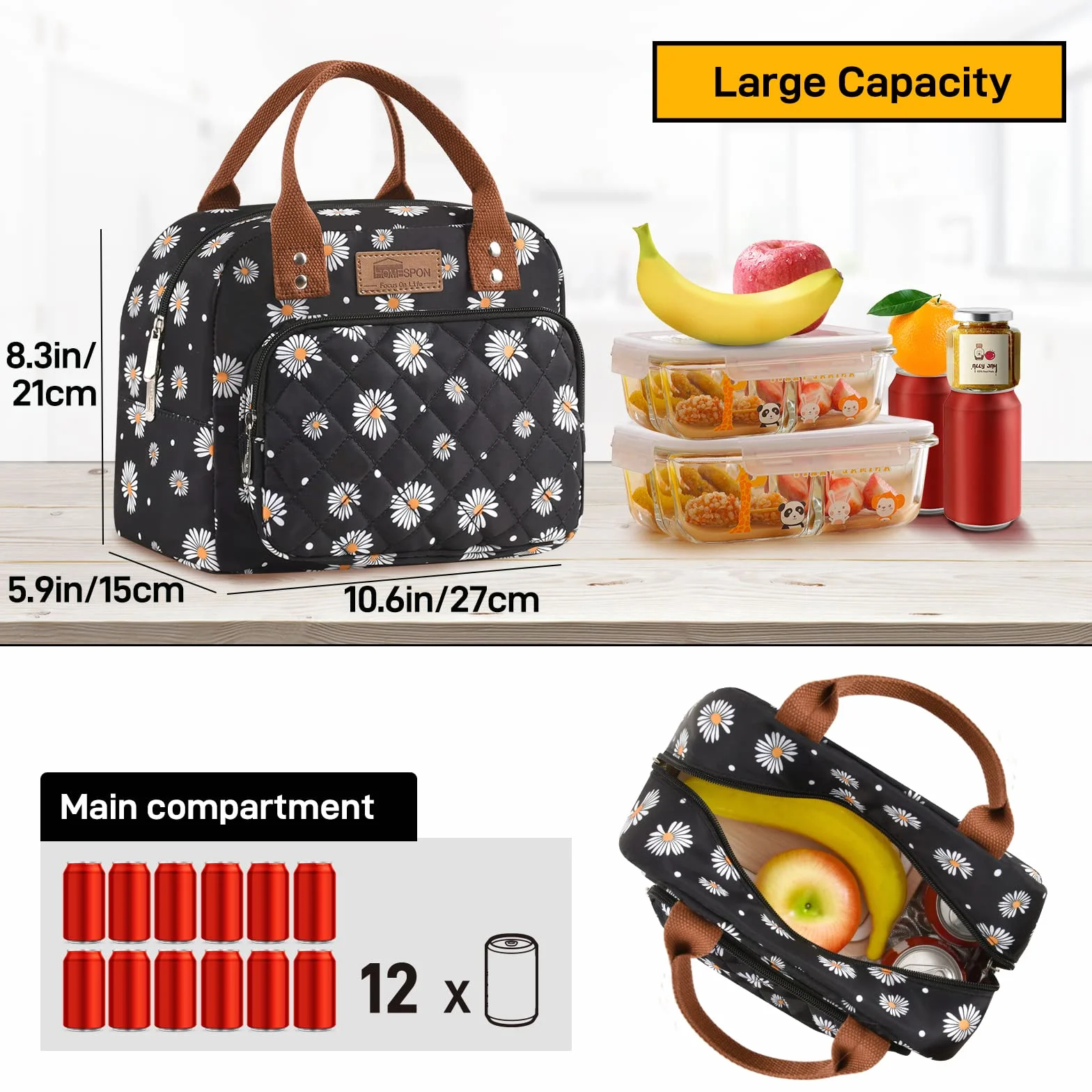 HOMESPON Torba na lunch dla kobiet, mężczyzn, dorosłych z przednią kieszenią, izolowana torba na lunch, pojemnik na lunch, do pracy, na piknik lub w podróż (stokrotka)