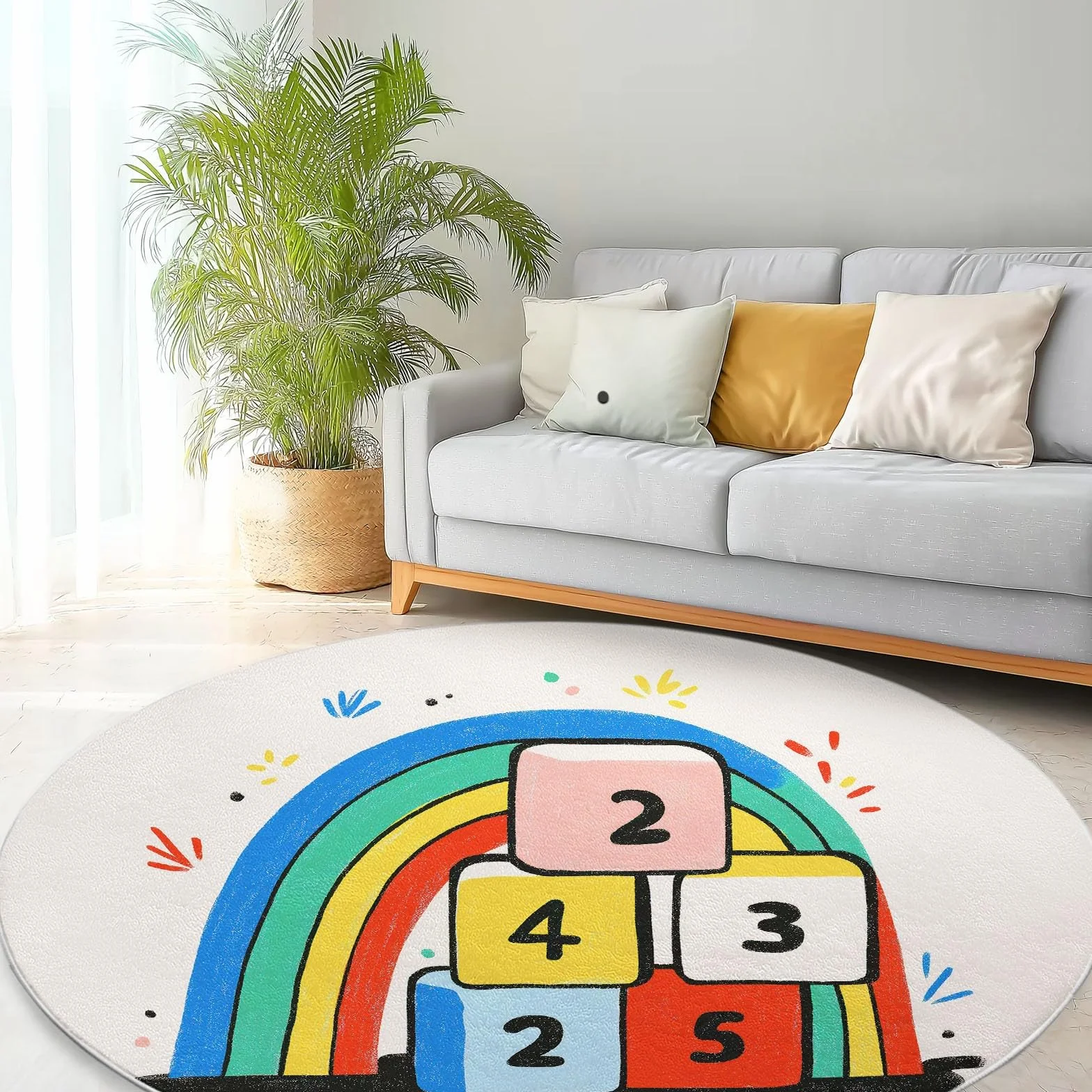 Minimalizm, okrągły dywan, geometryczne klocki, tęcza, 160 cm, antypoślizgowy, beżowy, pluszowy, miękki, okrągły dywan, do salonu, sypialni, kuchni, wycieraczka dla zwierząt domowych