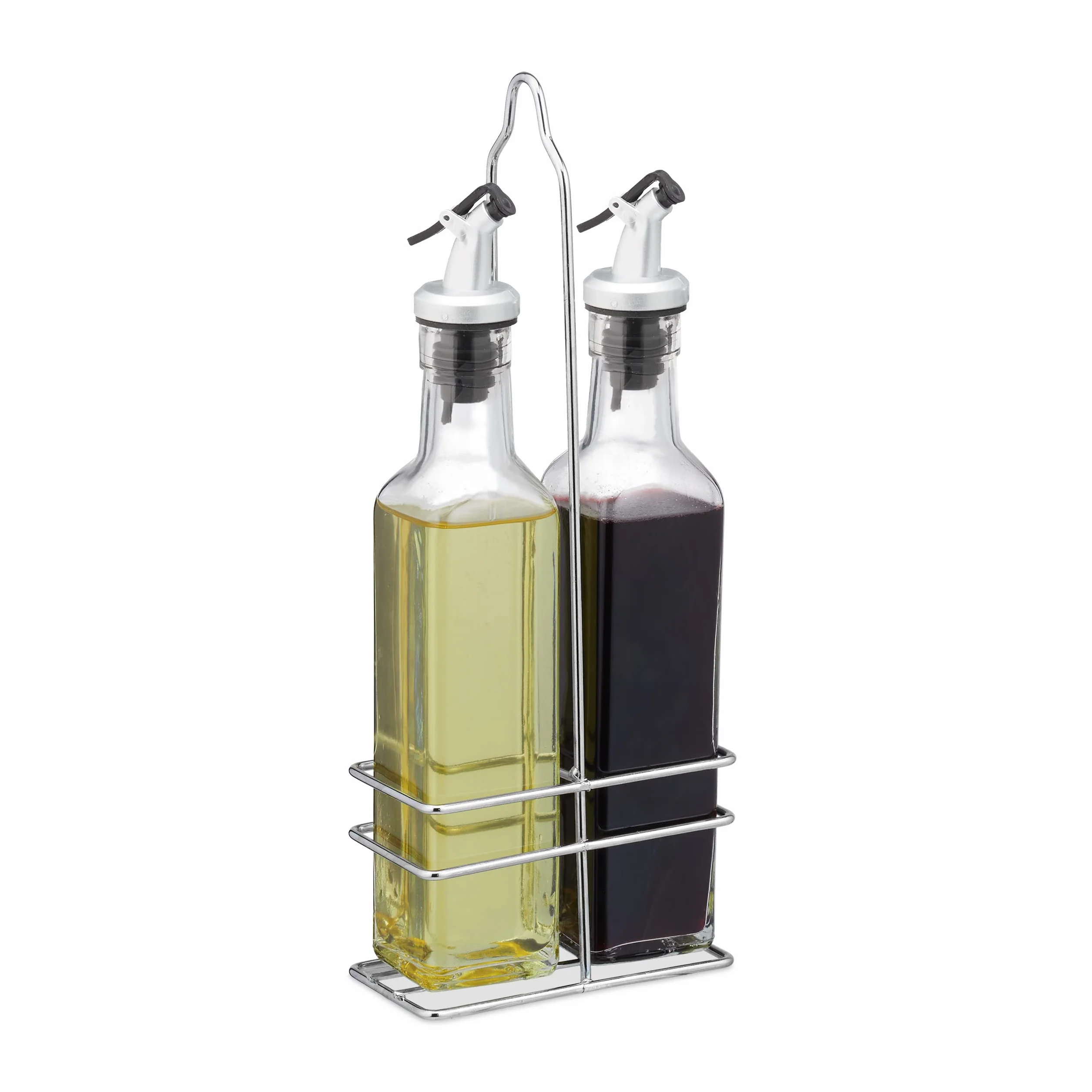 Relaxdays Dozownik octu i oleju, z dzióbkiem, 2 w 1, do kuchni, butelki na olej ze stojakiem, szkło, 2 x 250 ml, przezroczysty, 29 x 11 x 6 cm
