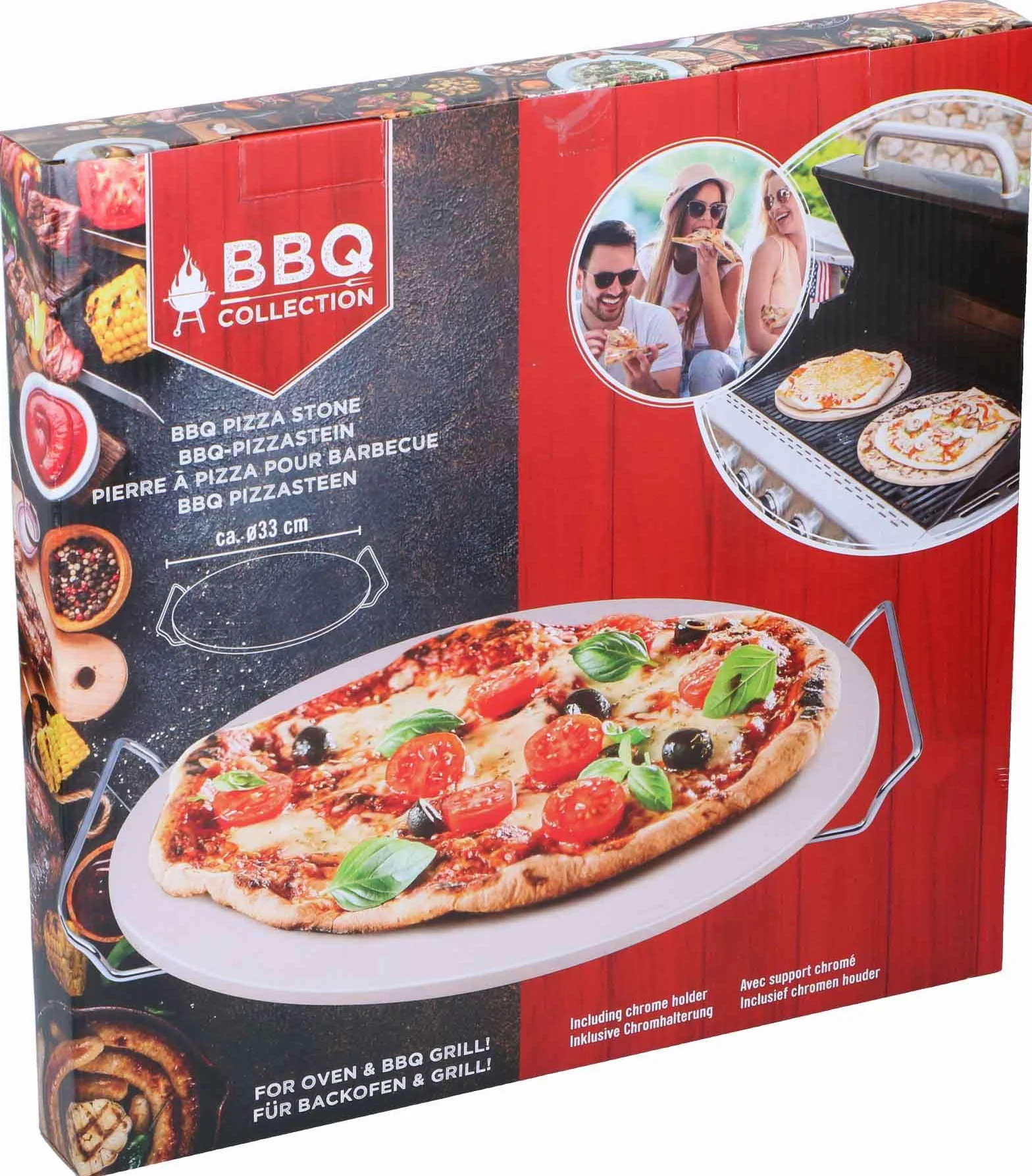 Kamień do pizzy Ø 33 cm do piekarnika i grilla z uchwytem ze stali nierdzewnej, grubość 1 cm, do pieca, grilla gazowego, kamień do pieczenia