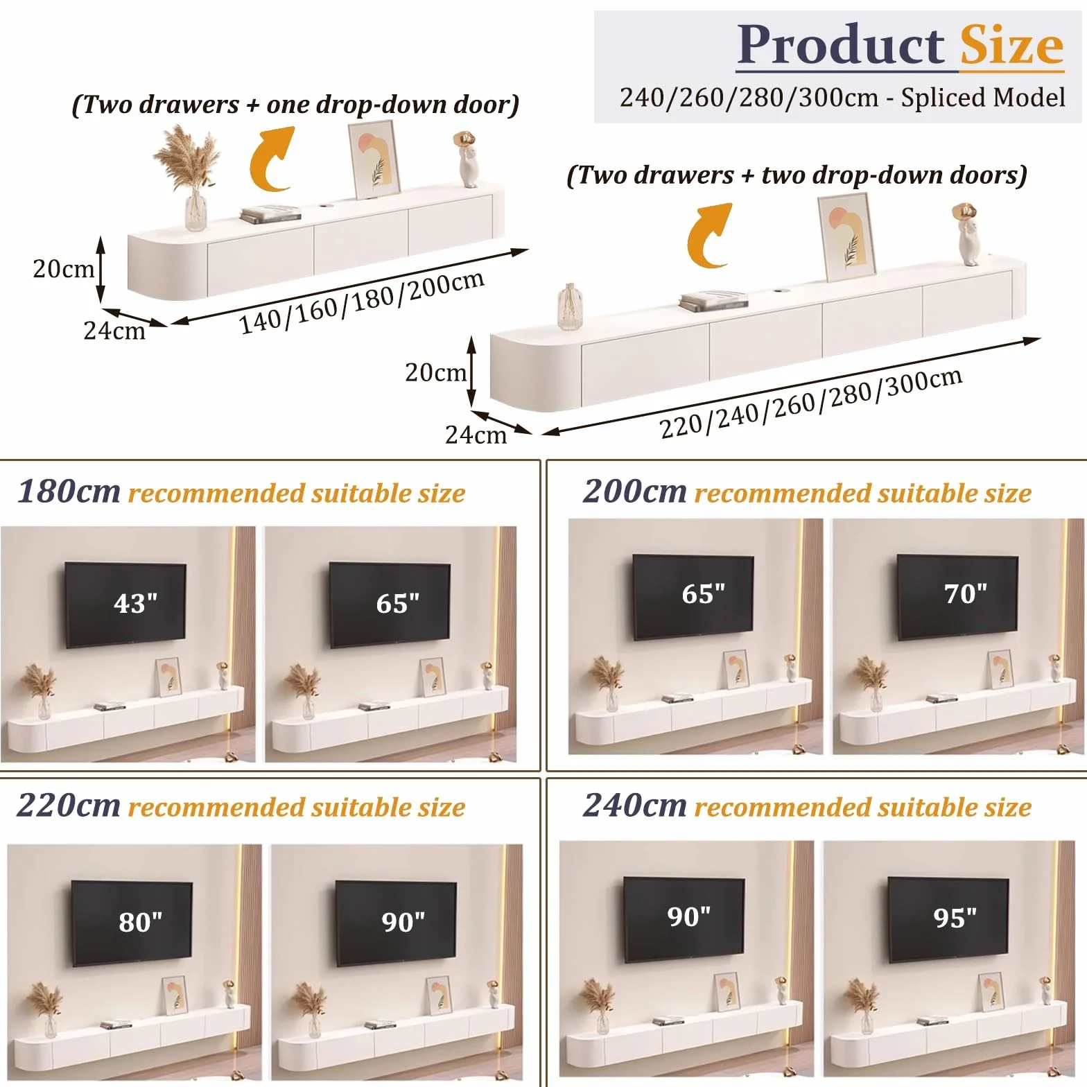 Floating TV Unit Wall Mounted TV Cabinet with 4 Cabinets Wooden Entertainment Media Console Center Large Storage TV Bench White 200cm