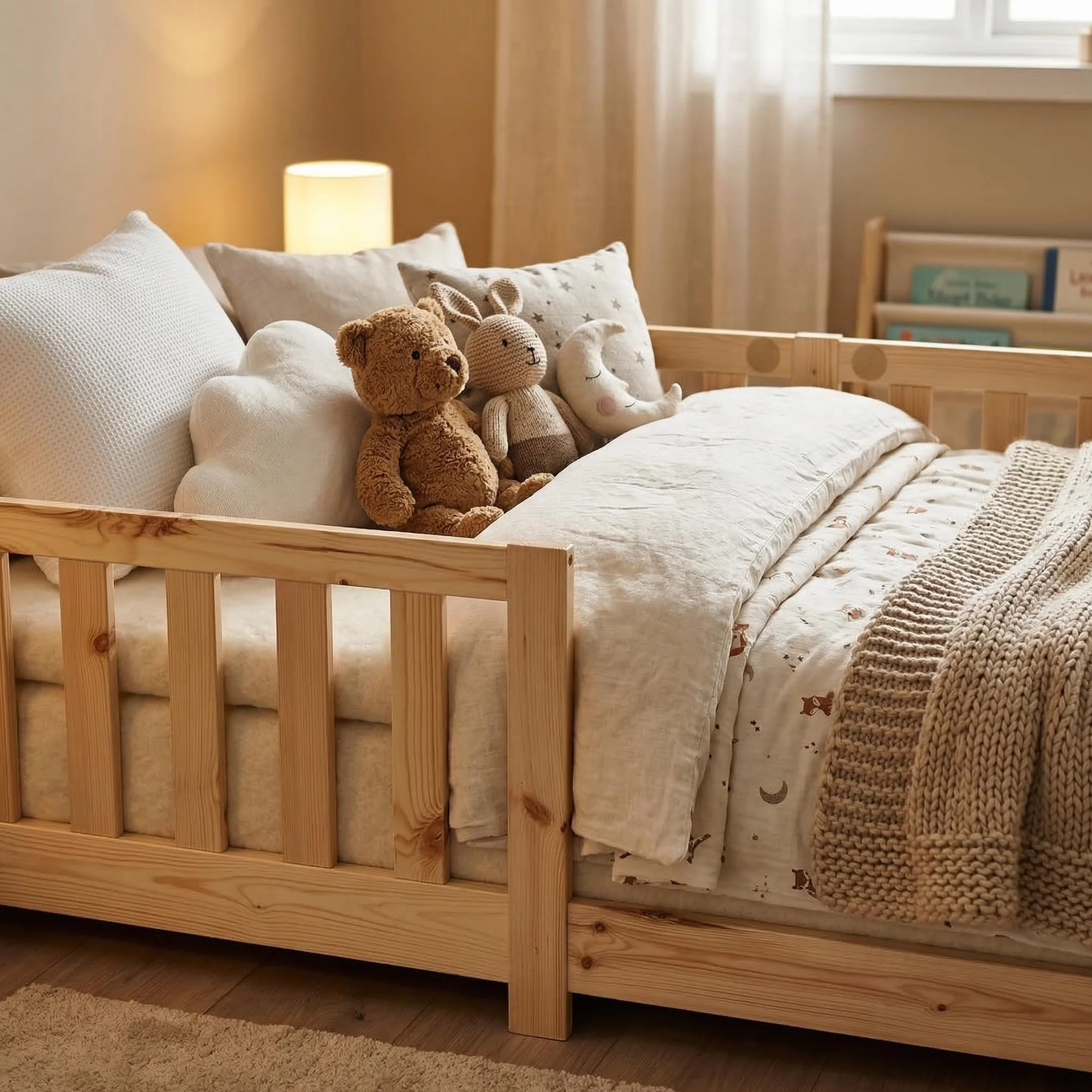 ecomi® Łóżko dziecięce 90 x 200 cm, z zabezpieczeniem przed wypadnięciem, łóżko podłogowe, łóżko dziecięce ze stelażem, dla dziewczynek i chłopców, lite drewno sosnowe, kolor naturalny