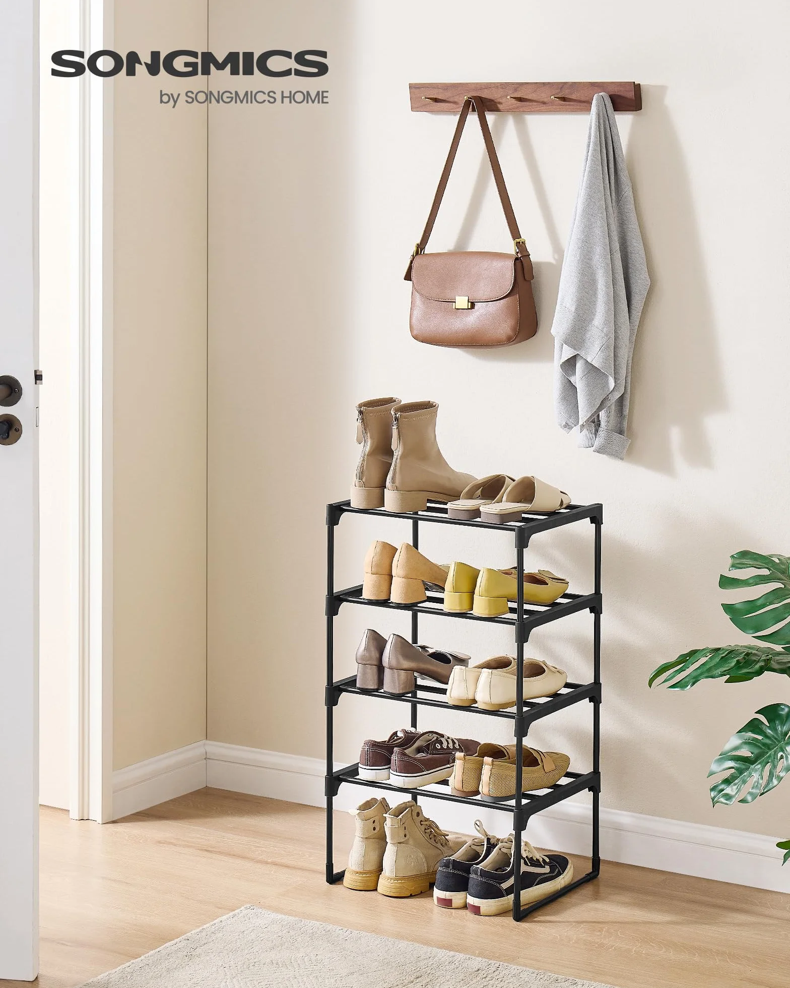 SONGMICS Stojak na buty 4 poziomy, do przechowywania butów, w pozycji pionowej lub odwróconej, na 5-10 par butów, 30 x 42,5 x 71,5 cm, czarny LSA004B01