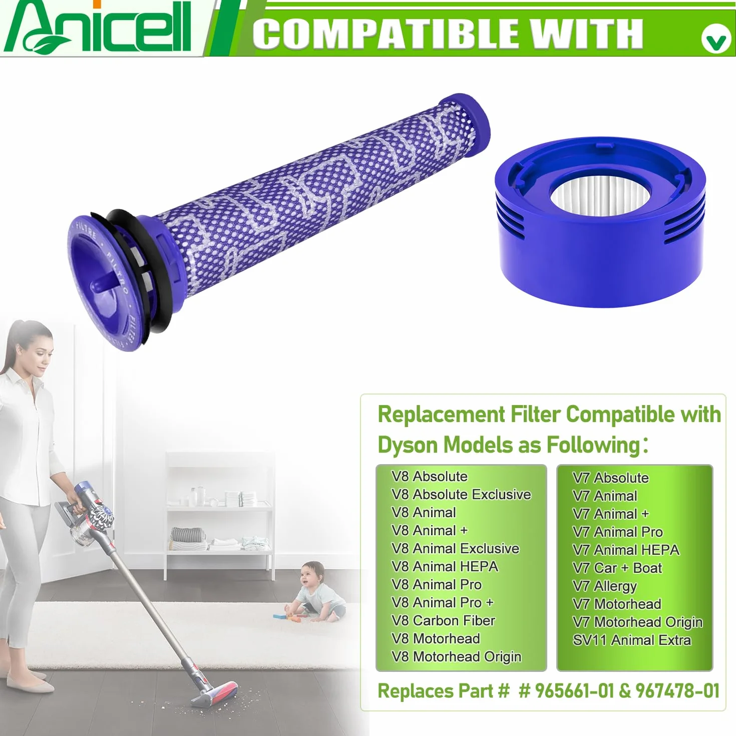 Zamiennik filtra V8 do Dyson V8 Animal V8 Absolute V8 Motorhead Origin SV10 V7 Animal V7 Fluffy Cordless Stick Vacuum, 2 filtry końcowe HEPA + 2 filtry wstępne, część # 965661-01 i 967478-01