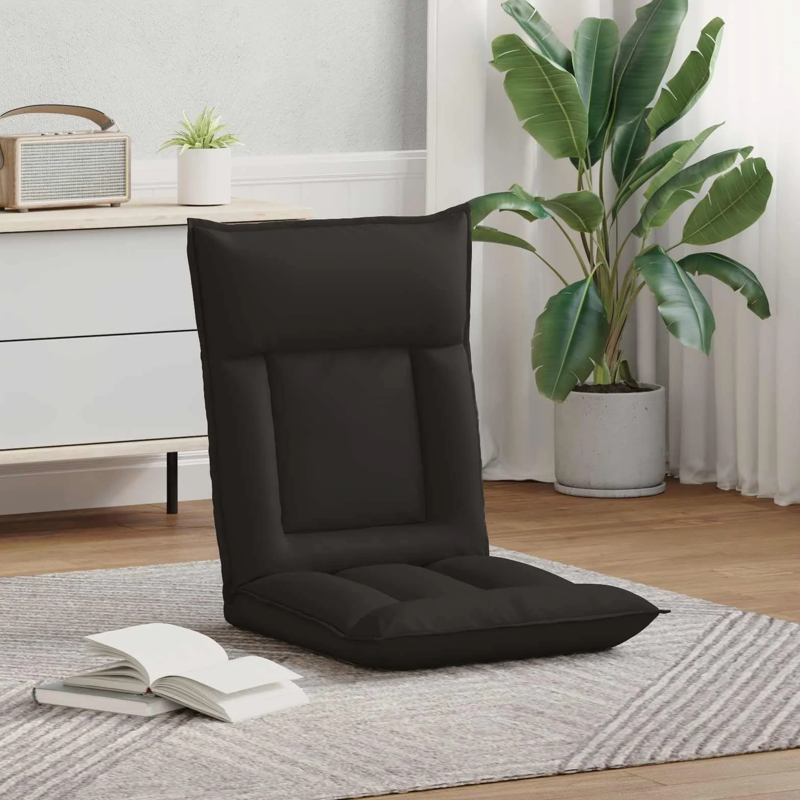 Krzesło podłogowe, czarne, sztuczna skóra, 55 x 61 x 70 cm, regulowane z wyściełanym oparciem, składane, ergonomiczne, do salonu, biura, jogi, czytania, gier