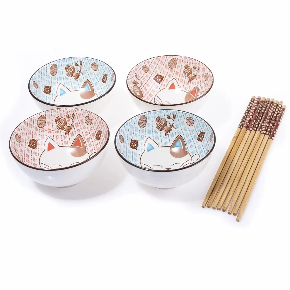lachineuse - Zestaw 4 misek z japońskim kotem - Miski na ryż, śniadanie i zupę - Japońskie naczynia porcelanowe - z pałeczkami - Maneki Neko Happiness Holder - Kawaii Japan Gift Deco