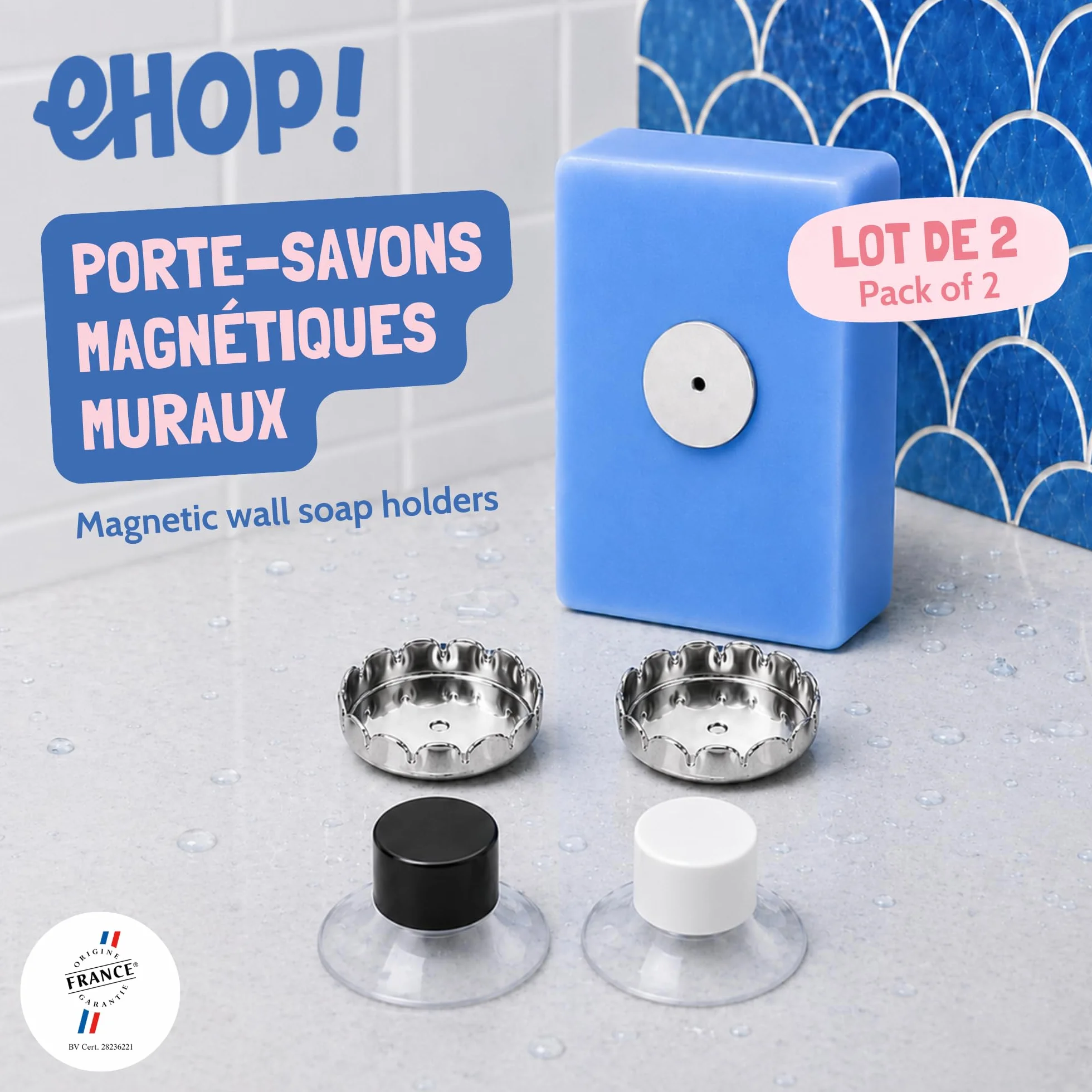[EHOP] Zestaw 2 magnesowych mydelniczek z ochroną, przezroczysta przyssawka do prysznica, kuchni, łazienki, solidne mydło | francuski design