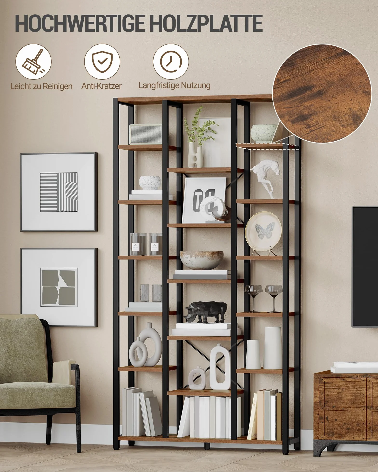 Hzuaneri Regał, 7-poziomowa biblioteczka z 18 otwartymi półkami, regulowany regał do salonu lub biura domowego, 30 x 100 x 200 cm, Rustykalny brąz i czerń, BC15601B