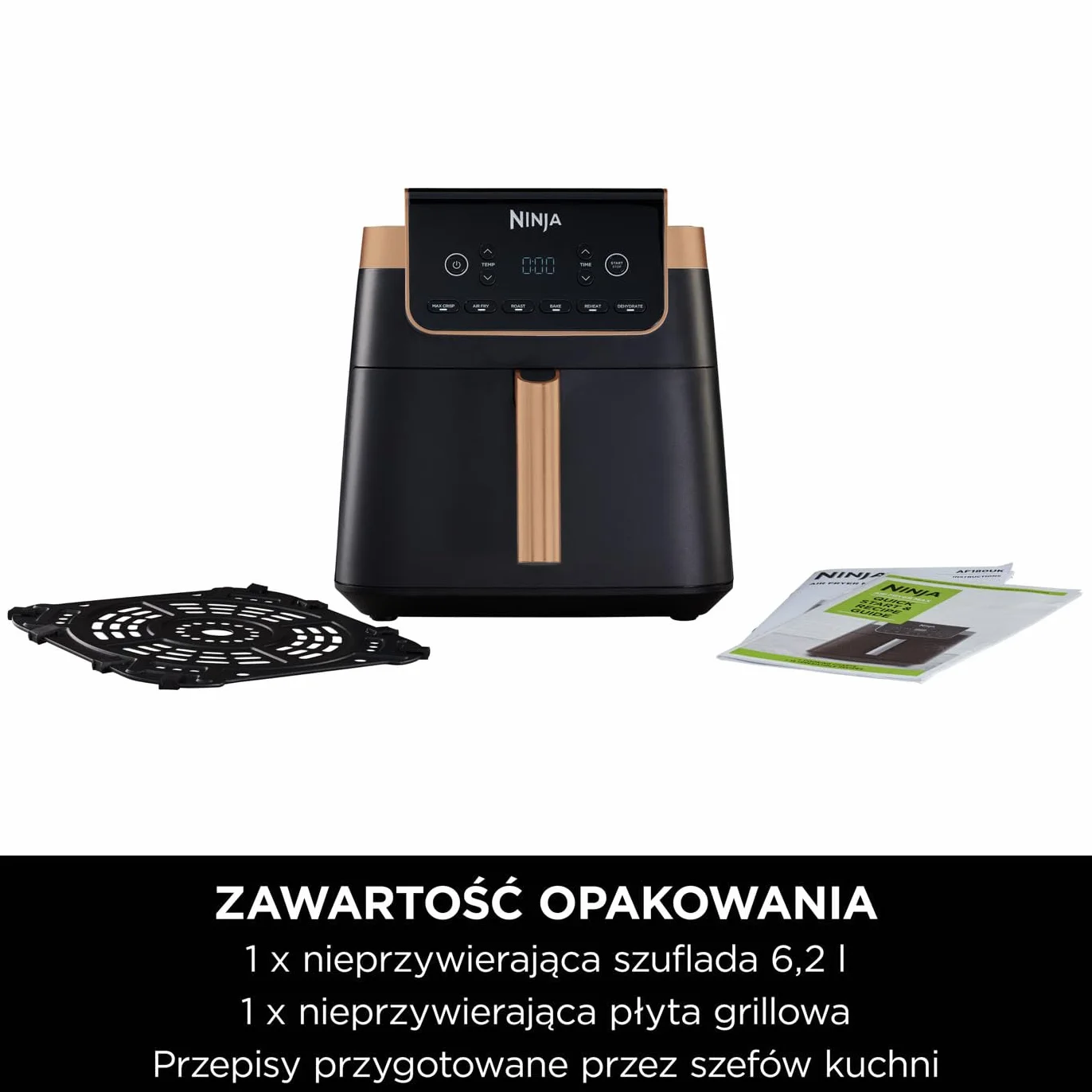 Ninja Air Fryer MAX PRO Frytkownica beztłuszczowa 6,2 l, nie używa oleju, jedna duża kwadratowa szuflada, rozmiar rodzinny, powłoka nieprzywierająca, kosz i talerz na chrupiące dania, AF180EUCP