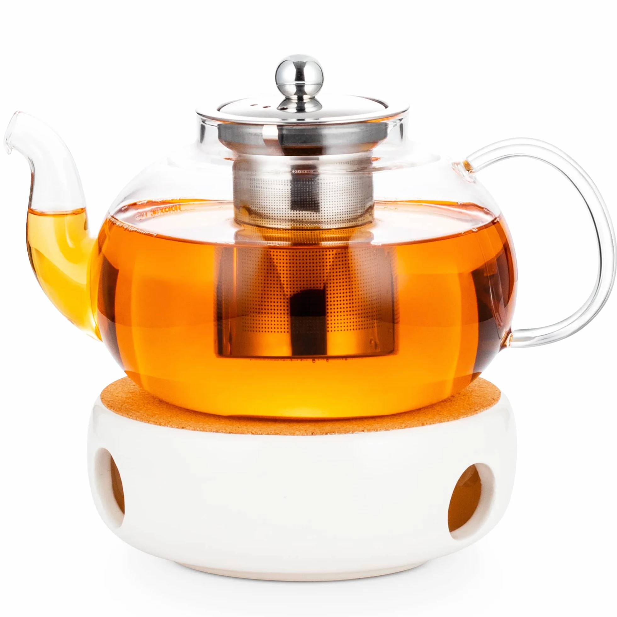 ADEL DREAM Szklany Dzbanek do Herbaty z Zaparzaczem, Czajnik z Sejfem, Kwitnące i Luźne Liście, Zestaw do Przygotowywania (1200 ml + Podgrzewacz)