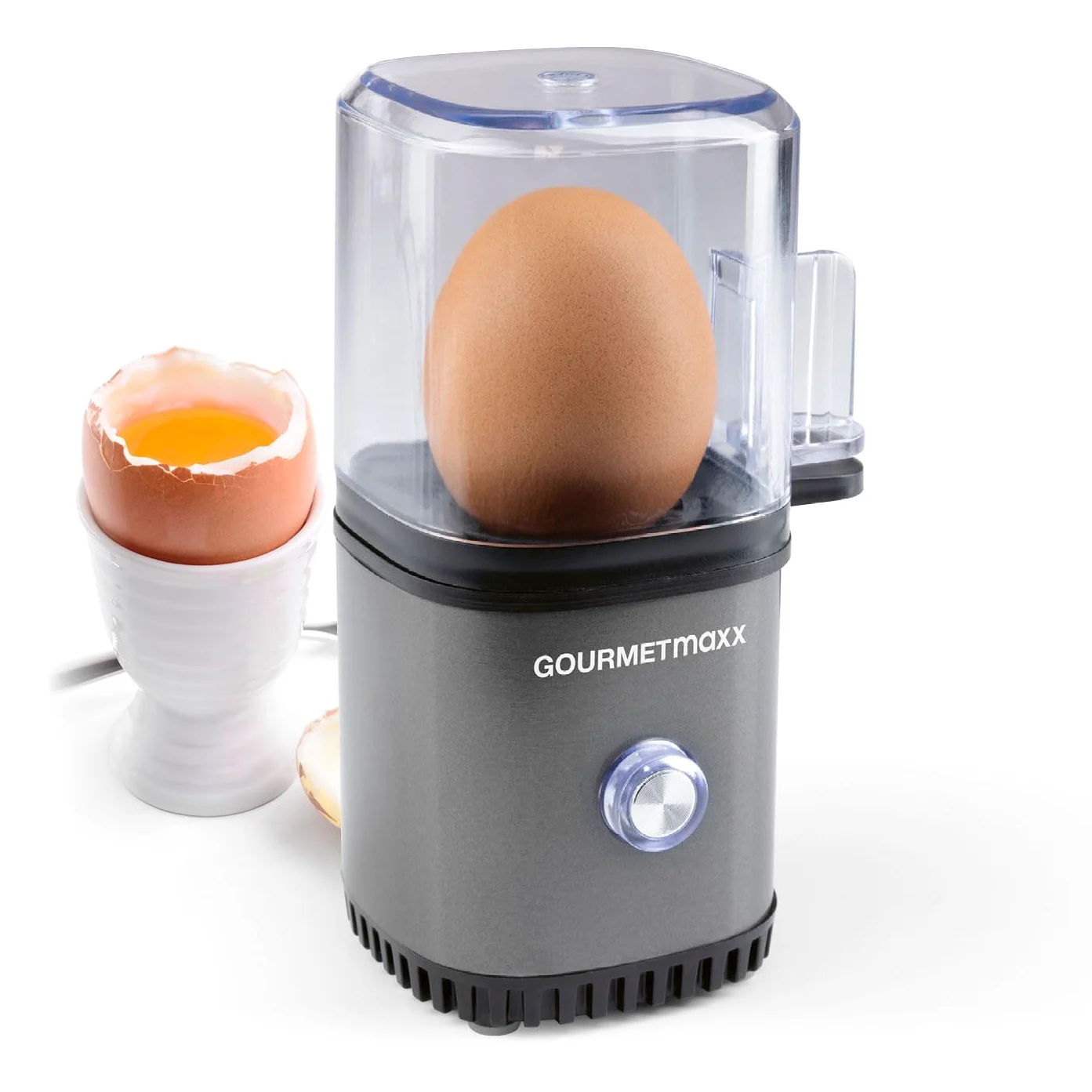 GOURMETmaxx Jajowar na 1 jajko | bojler do jajek z wykrawaczem do jajek w miarce | Egg Cooker – 3 stopnie twardości do Twojego kieliszka do jajka | designerski jajowar mały – części nadające się do