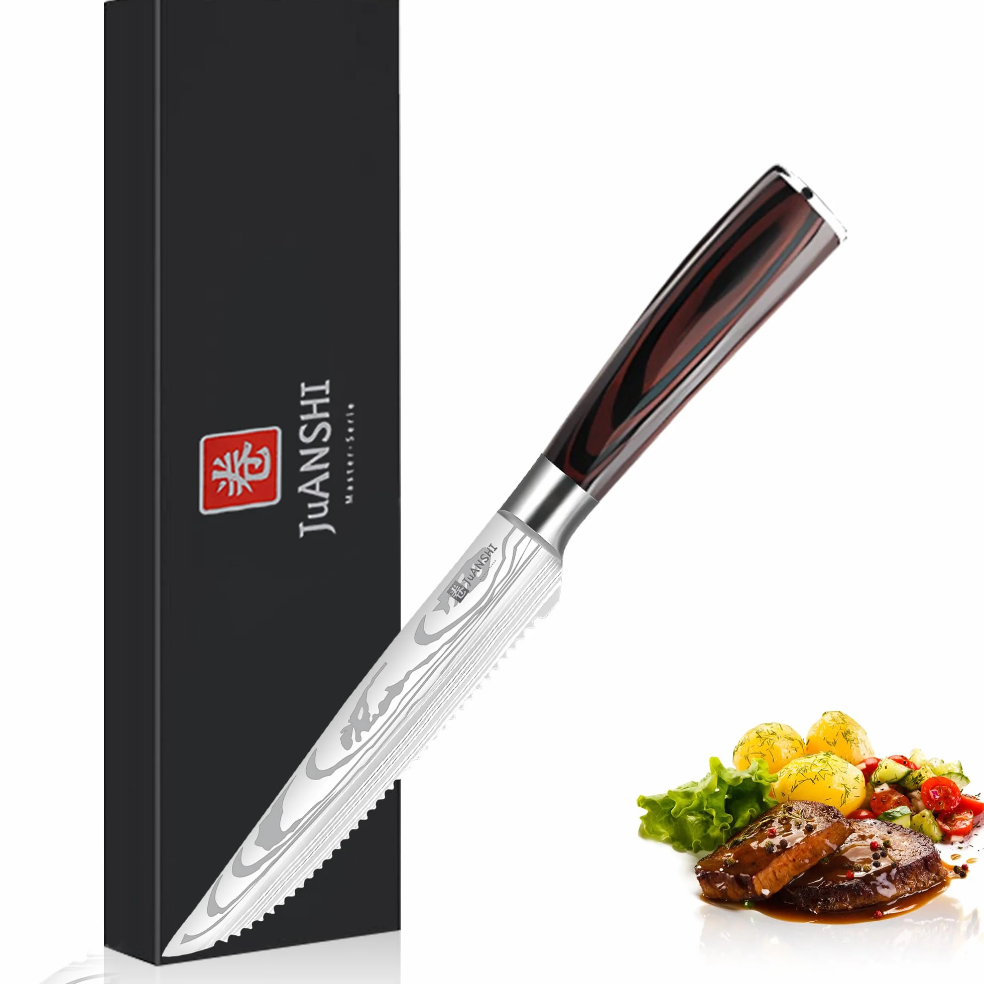 JUANSHI Noże kuchenne profesjonalny nóż szefa kuchni nóż do chleba Santoku nóż kuchenny (nóż do steków 11,4 cm)