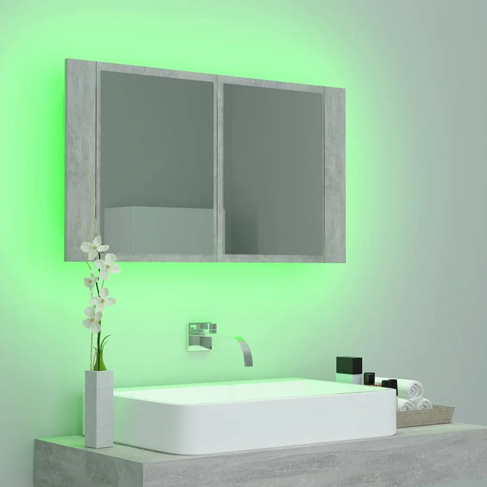 Szafka łazienkowa z lustrem LED, betonowa, szara, 80 x 12 x 45 cm, akryl, szafki i przechowywanie, szafki toaletkowe, szafki łazienkowe