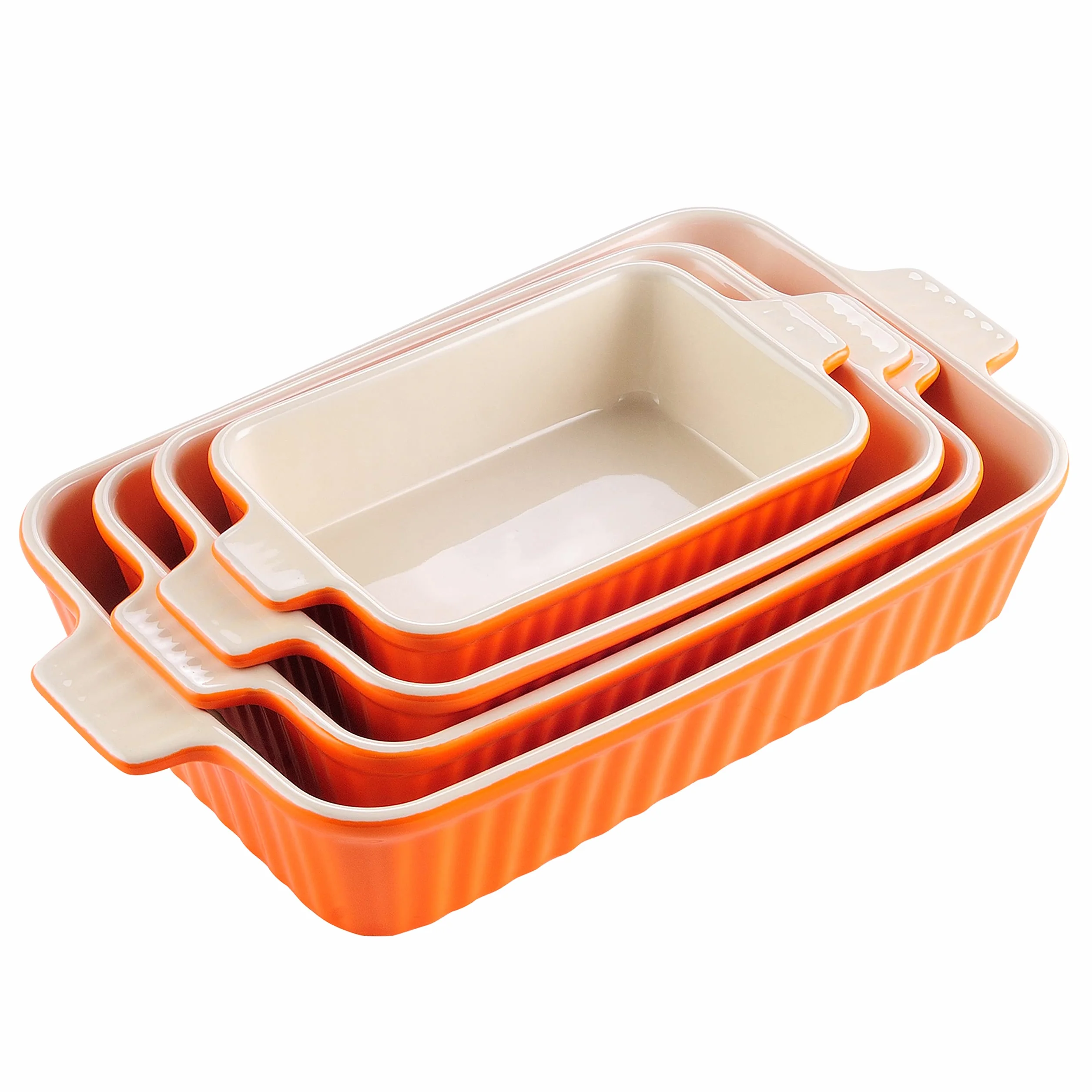 MALACASA Zestaw 4 porcelanowych naczyń do pieczenia, do piekarnika, naczynia do zapiekanek, ceramiczne, prostokątne, do pieczenia lasagne, do gotowania, ciasta, kuchni, pomarańczowe (24 cm/28 cm/31 cm