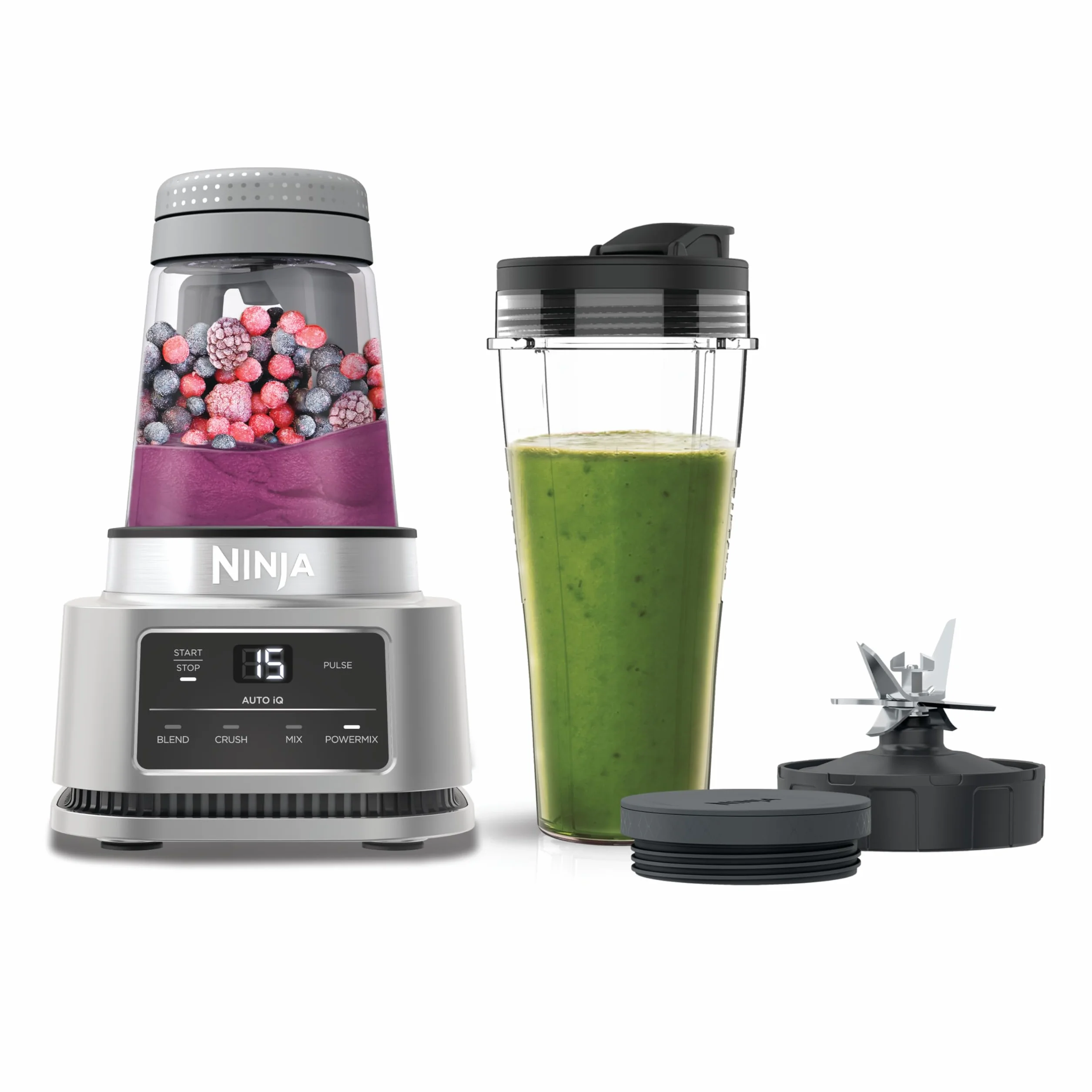 Ninja Foodi Power Nutri Mixer 2W1, Tworzenie Miseczek ze Smoothie, Mieszanie Gęstych Past i Mrożonych Napojów, Programy Automatyczne, Srebrny CB100EU