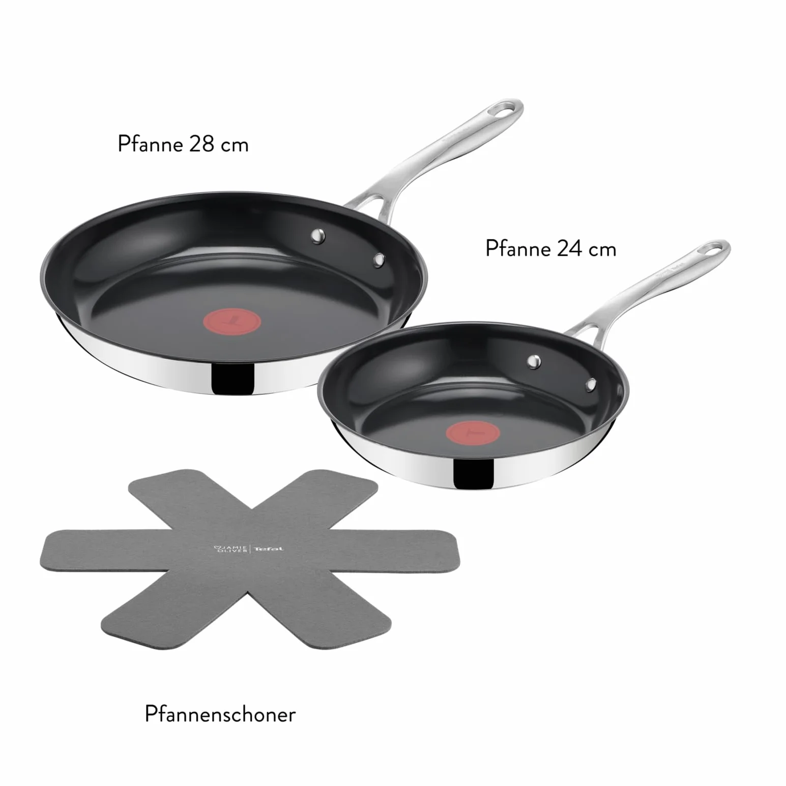 TEFAL H880S234 Jamie Oliver, zestaw, patelnie 24/28 cm, stal nierdzewna, powłoka ceramiczna, nieprzywierająca, Thermo Signal, nitowany uchwyt, podkładka z filcu, do wszystkich kuchenek, srebrny/czarny