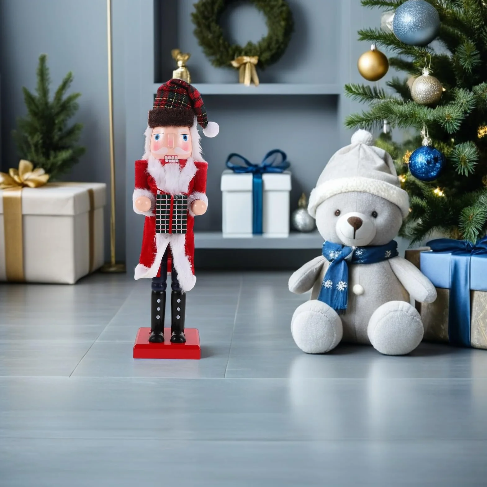 Toyvian Drewniana Figurka Dziadka Do Orzechów z Podstawką Ręcznie Malowany Żołnierz Nutcracker Dekoracja Świąteczna Stół i Półkę Trwały i Ornament Bożonarodzeniowy