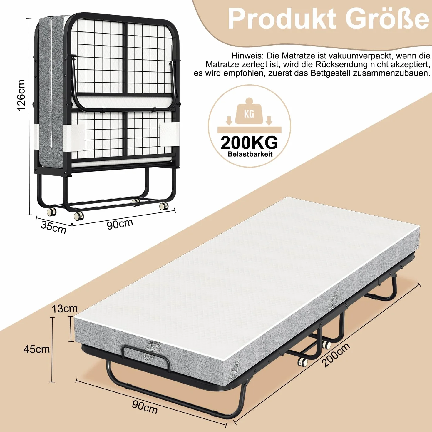 90 x 200 cm łóżko składane, pojedyncze łóżko z pianki o grubości 13 cm, łóżko dla dorosłych, łóżko dla gości, składane na kółkach, metalowe łóżko obciążenie 200 kg, do sypialni, biura, salonu