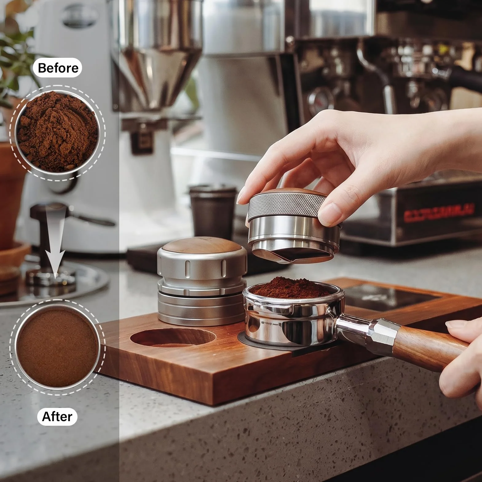 CrossCreek Dystrybutor espresso 58 mm, regulowana głębokość pasuje do wszystkich portafiltrów do espresso 58 mm, Breville/Rancilio/La Marzocco, narzędzia do dystrybucji ze stali nierdzewnej i orzecha