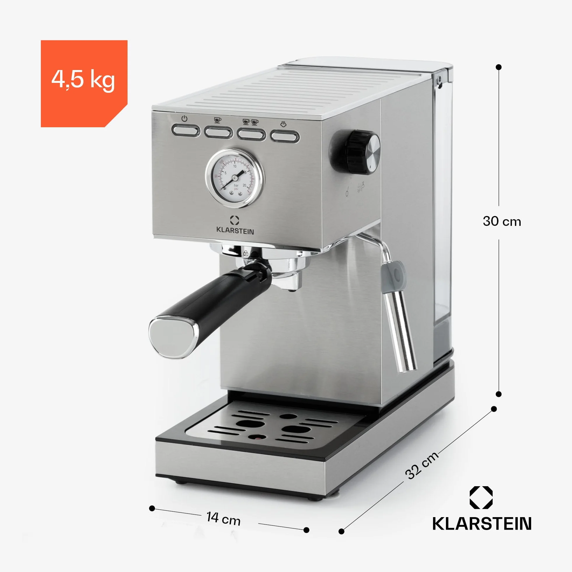Klarstein Pausa Ekspres do espresso, Ekspres kolbowy 1350 W, 7-9 barów ciśnienia, Kolbowy do kawy ze zbiornikiem: 1,4 litra, Stal nierdzewna, srebrny
