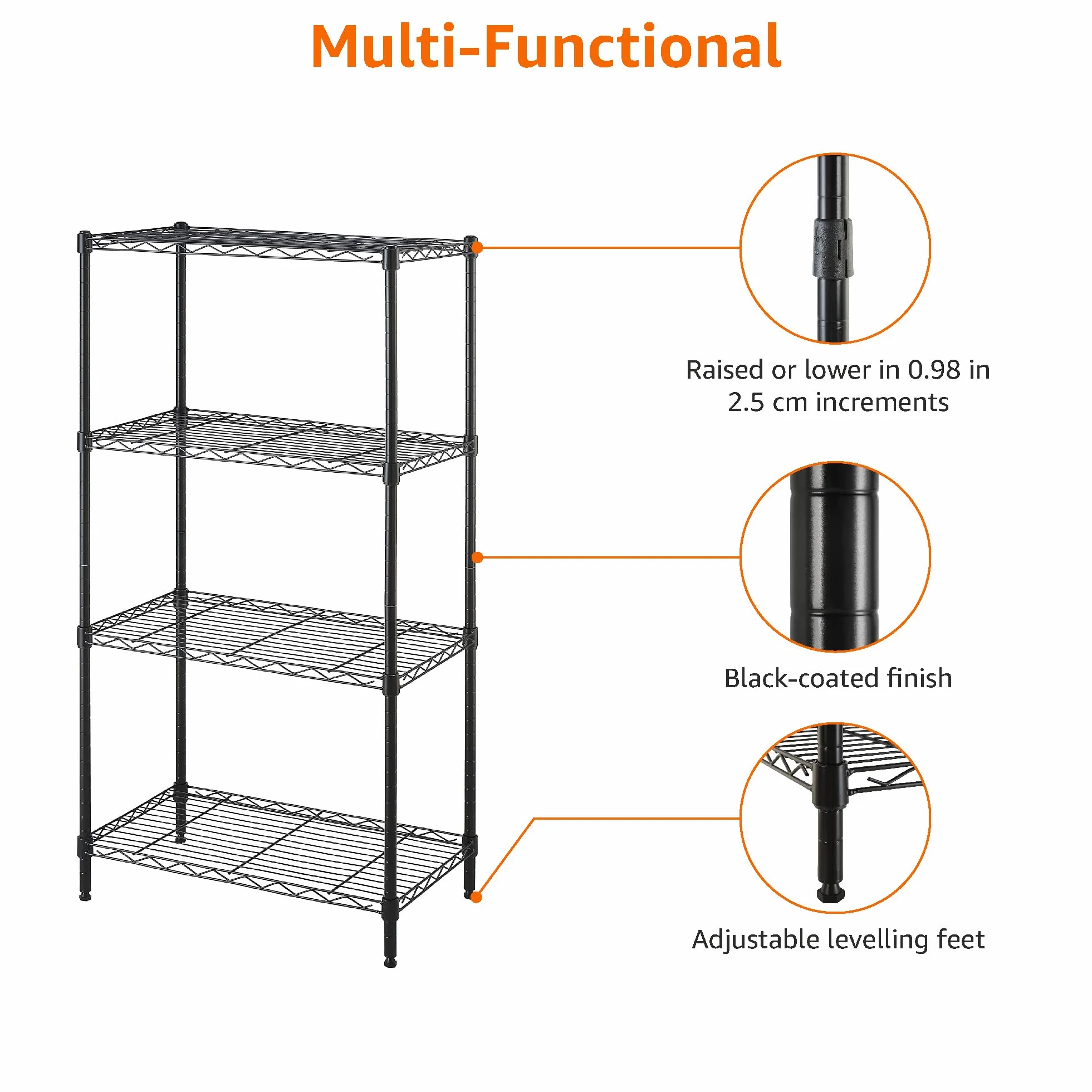 Amazon Basics Wąska szafka do przechowywania, z 4 półkami o regulowanej wysokości, z nóżkami poziomującymi, udźwig maksymalny 363 kg, 60,1 x 35,6 x 121,9 cm (gł. x szer. x wys.), czarna