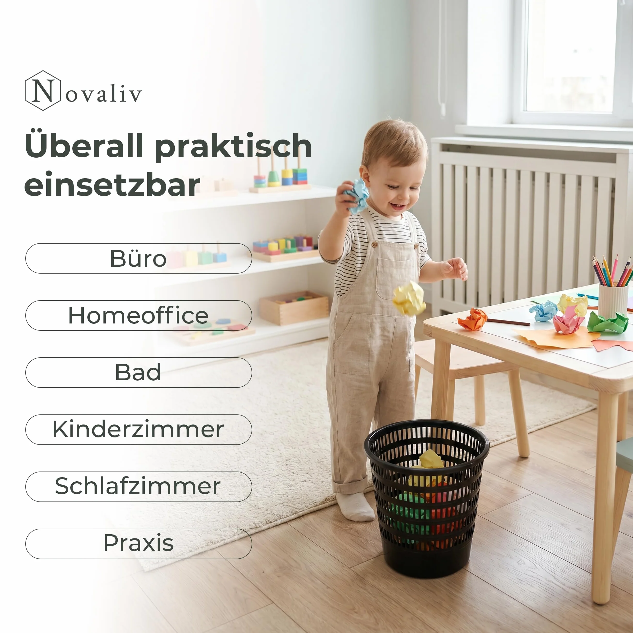 Novaliv Kosz na papier biurowy, okrągły, 10 l, czarny, zestaw 10 sztuk, Ø 24 cm, z otworami o wyglądzie siateczki, do biura, na biurko i do gabinetu, czarny, okrągły (Kuns