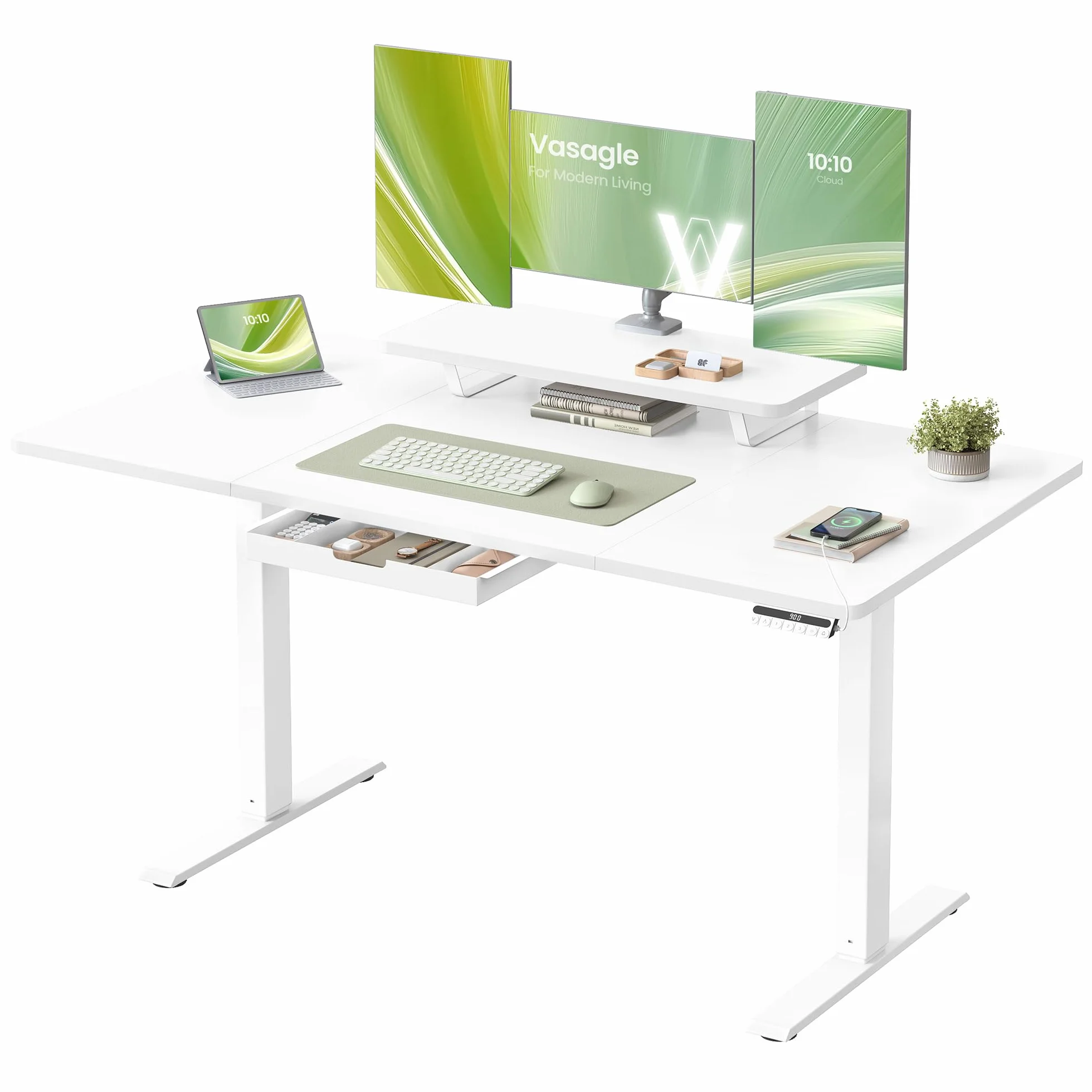 VASAGLE Biurko z elektryczną regulacją wysokości, 140 x 70 cm, elastyczny uchwyt na monitor, szuflada, port USB-C, funkcja przypominania o siedzącym trybie życia, do biura domowego, biały LSD154WB01