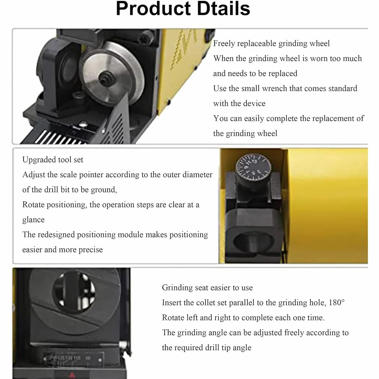 Przenośna ostrzałka do wierteł, szlifierka do wierteł, ostrzałka do frezów palcowych, ponowna ostrzałka z regulacją kąta 3-13 mm, precyzyjne narzędzie do ostrzenia wiertła krętego (White)