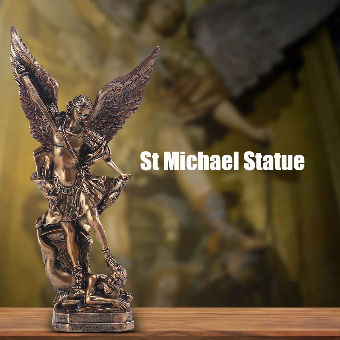 QIANLING 31,8 cm San Miguel Statuetka Archanioła, Statua św. Michała z żywicy pokrytej brązem, Święty Michał Archanioł zwycięstwo nad kolekcją szatana, nadaje się do kolekcji lub dekoracji