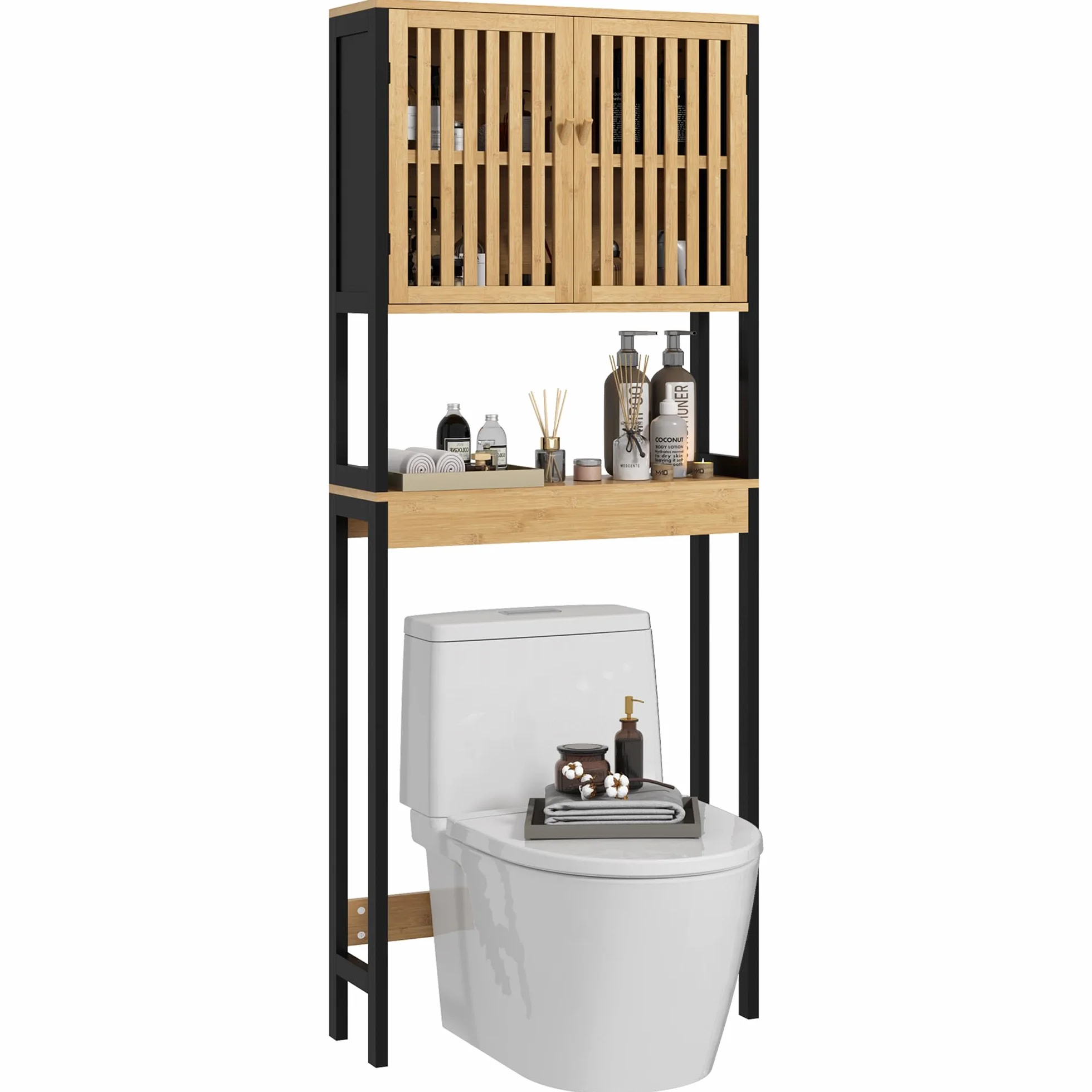 HOMCOM kleankin Regał łazienkowy szafka łazienkowa blat toalety z 2-drzwiową szafką i otwartą półką 60 l x 21,5 l x 172H cm Bambus - naturalne drewno i czarny