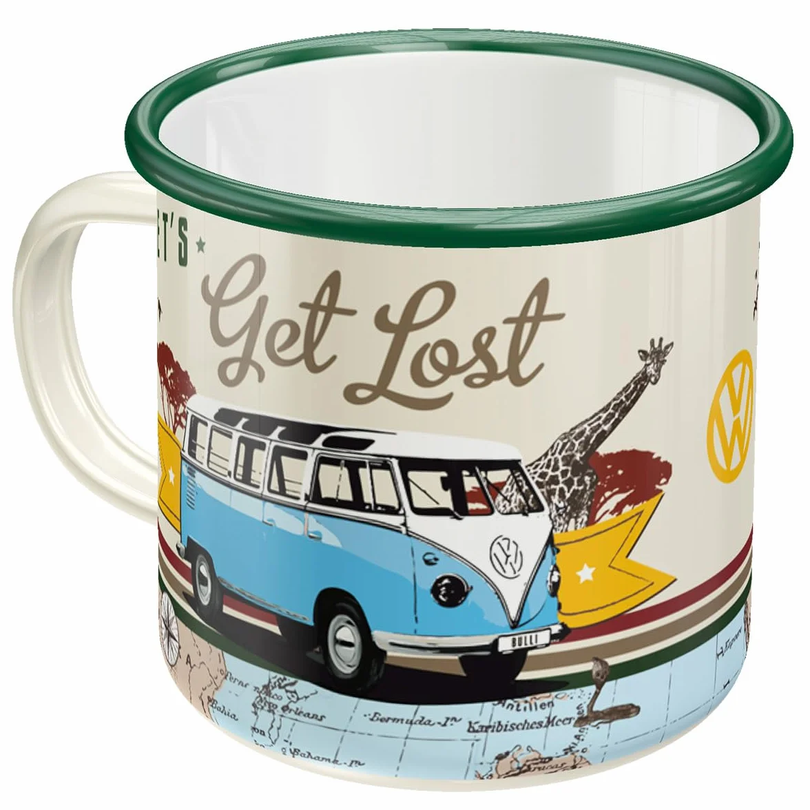 Nostalgic-Art Retro kubek emaliowany, 360 ml, VW Bulli – Let's Get Lost – Pomysł na prezent dla miłośnika Volkswagena Busa, Official License Product (OLP), kubek kempingowy na kawę, Styl vintage