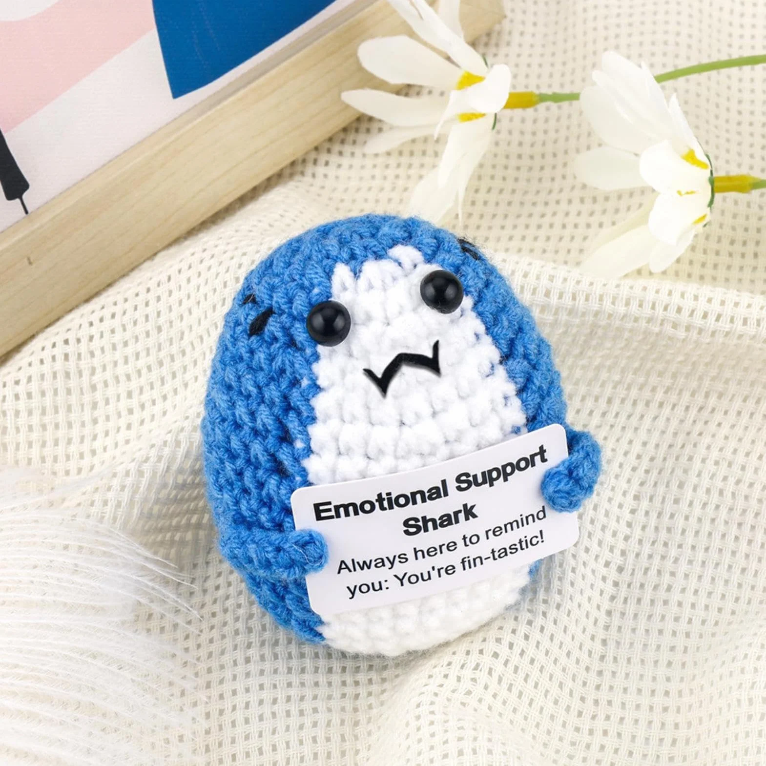 Emotional Support Shark, Positive Knitted Shark, 2.36x2.17x2.95in Soft Plush Support Animal, Gray/Pink/Blue Handmade Harpy Doll, Comforting Stuffed Toy for Boys and Girls
