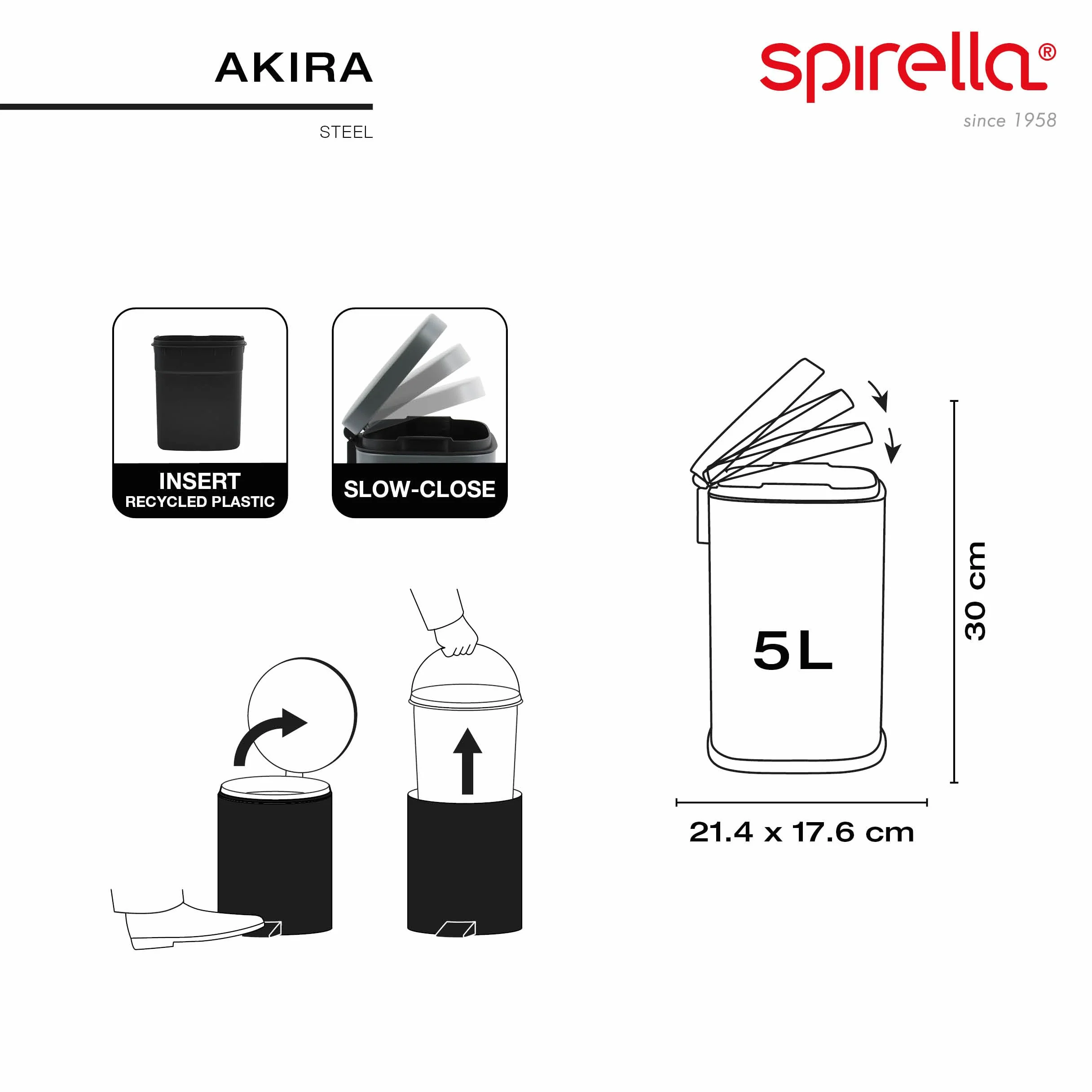 Spirella Kosz pedałowy Stal AKIRA 5L Szczotkowane Złoto