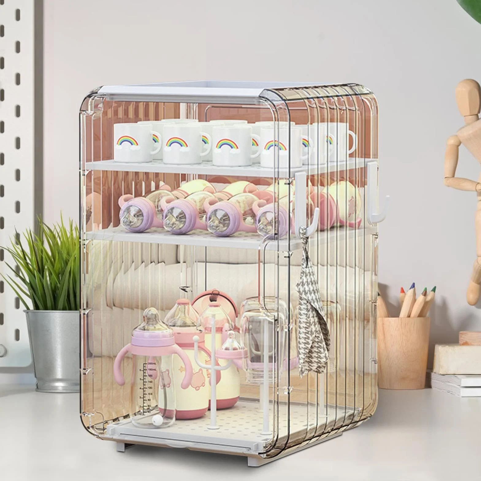 Baby Bottle Organizer, Vertical Cup Storage Box, Covered Holder for Cutlery and Accessories, Multi Use Container for Kitchen Table Fridge Closet Bedroom Pantry Nursery Storage Use