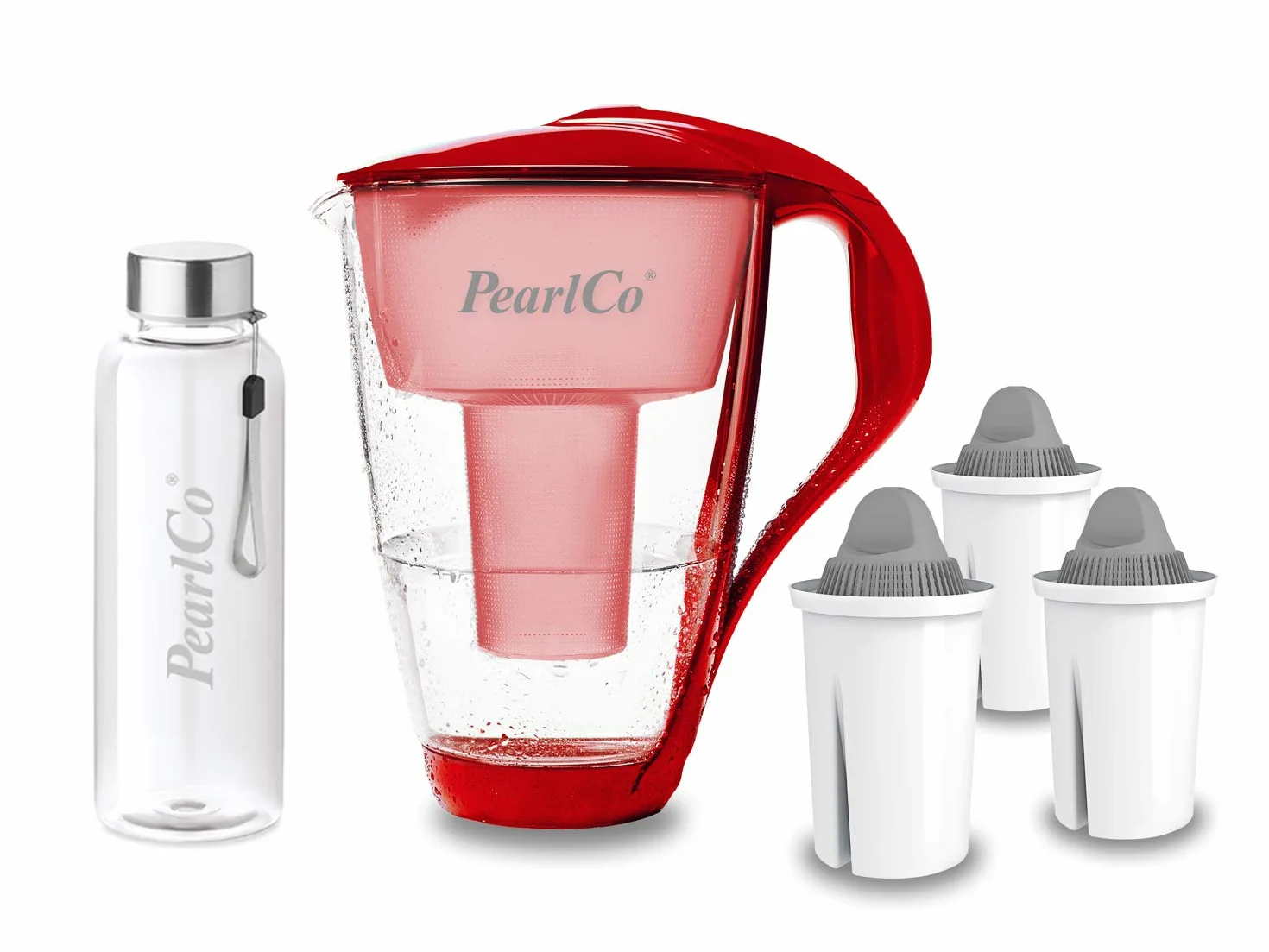 PearlCo - Szklany filtr do wody (czerwony) z 3 wkładami filtrującymi Protect+ Classic (do twardej wody) + 1 butelka do picia ze szkła