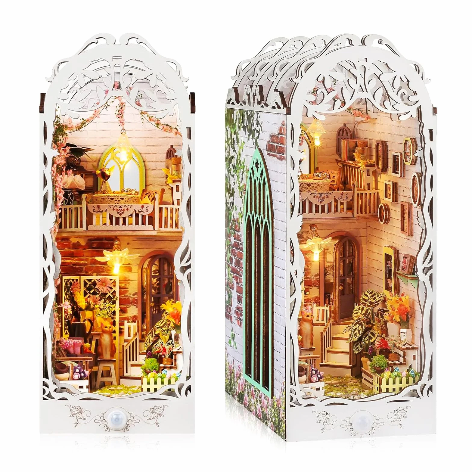 DIY Book Nook Kit: Miniaturowy Domek dla Lalek, Drewniane Puzzle 3D, Podpórka na Książki do Dekoracja Regału, Prezent dla Młodzieży i Dorosłych (z Osłoną Przeciwpyłową i Oświetleniem LED)