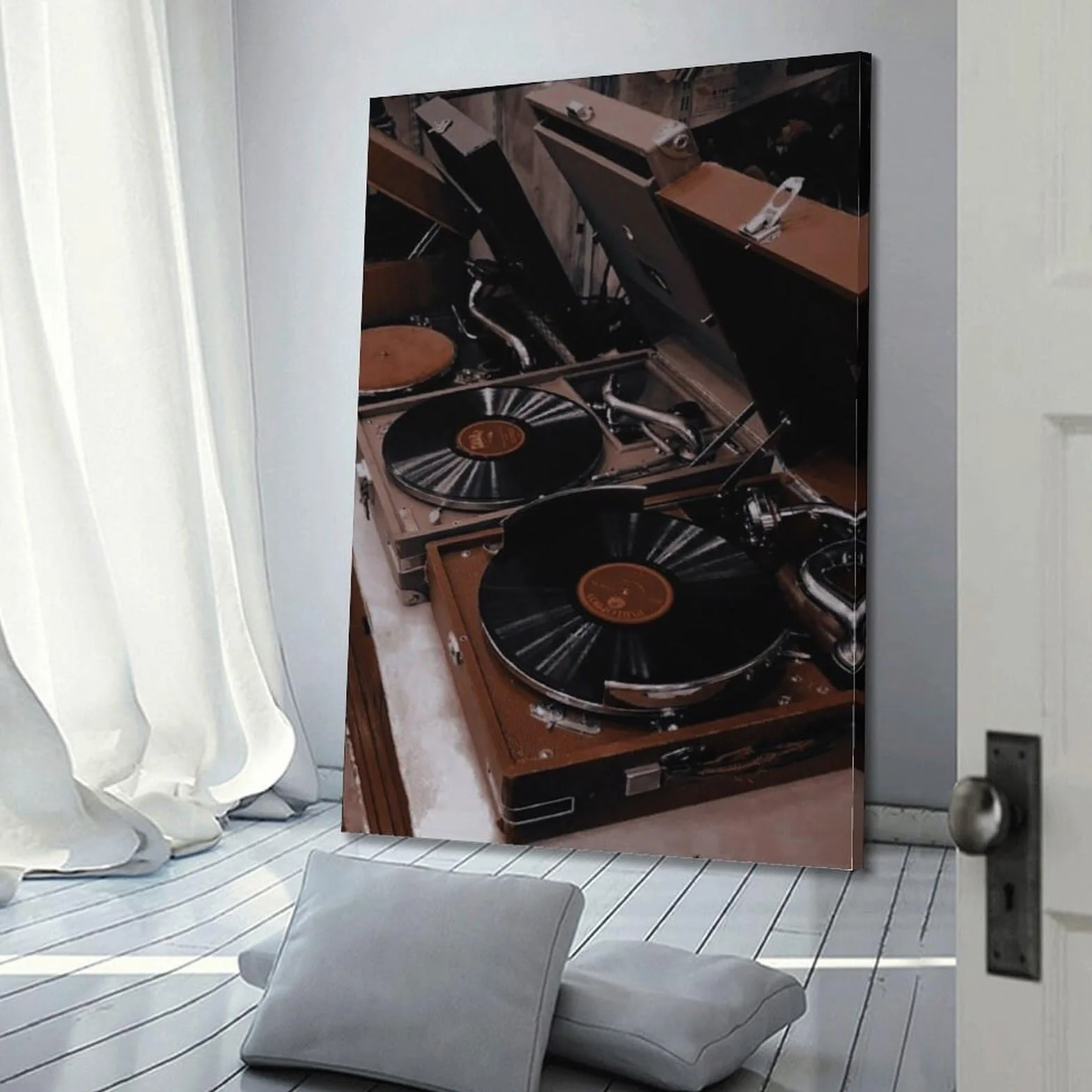 Gramofony w stylu vintage z czarnymi płytami winylowymi sztuka ścienna, retro muzyka dekoracja do domu i salonu plakat dekoracyjny obraz płótno plakaty ścienne i obraz artystyczny druk nowoczesny