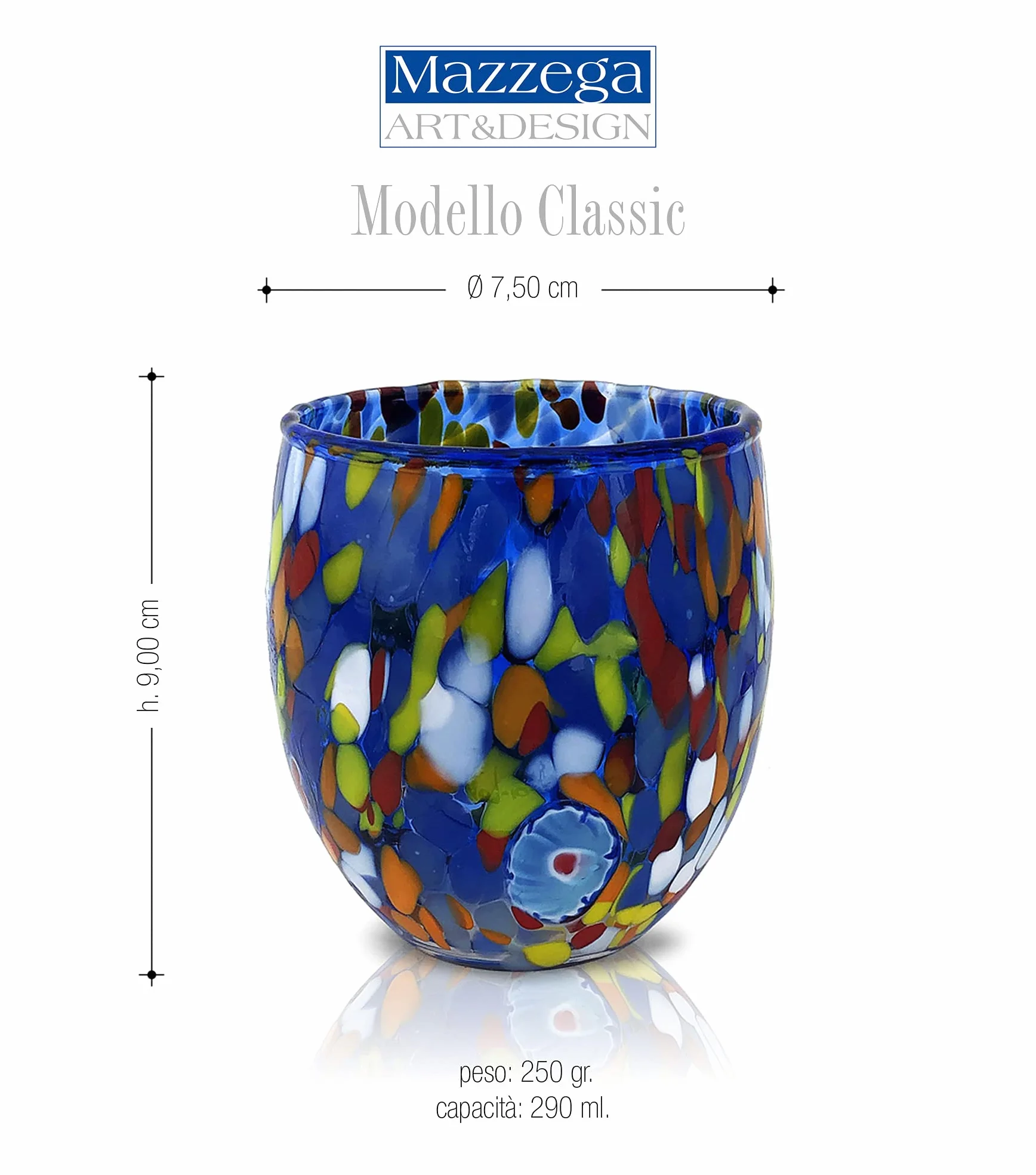 MAZZEGA ART & DESIGN - 6 ręcznie dmuchanych i oryginalnych szklanek na wodę Goto Murrine Murano - kolory Murano - Classic 290 ml. Wyprodukowano we Włoszech