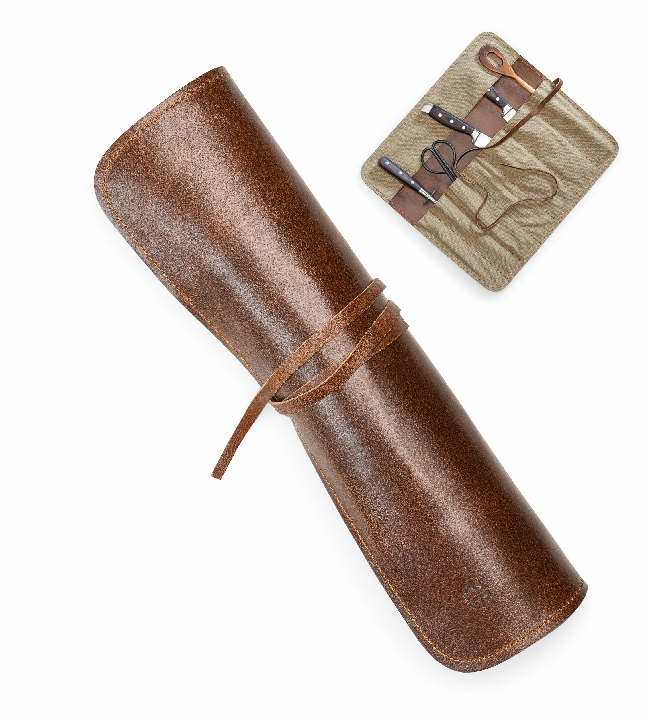 Angus Stoke Torba na noże szefa kuchni z prawdziwej skóry – rolka na noże szefa kuchni premium, duża, torba dla kucharzy – torba kucharska Nate, brązowy, 40x38 cm, Torba na nóż rolkowy