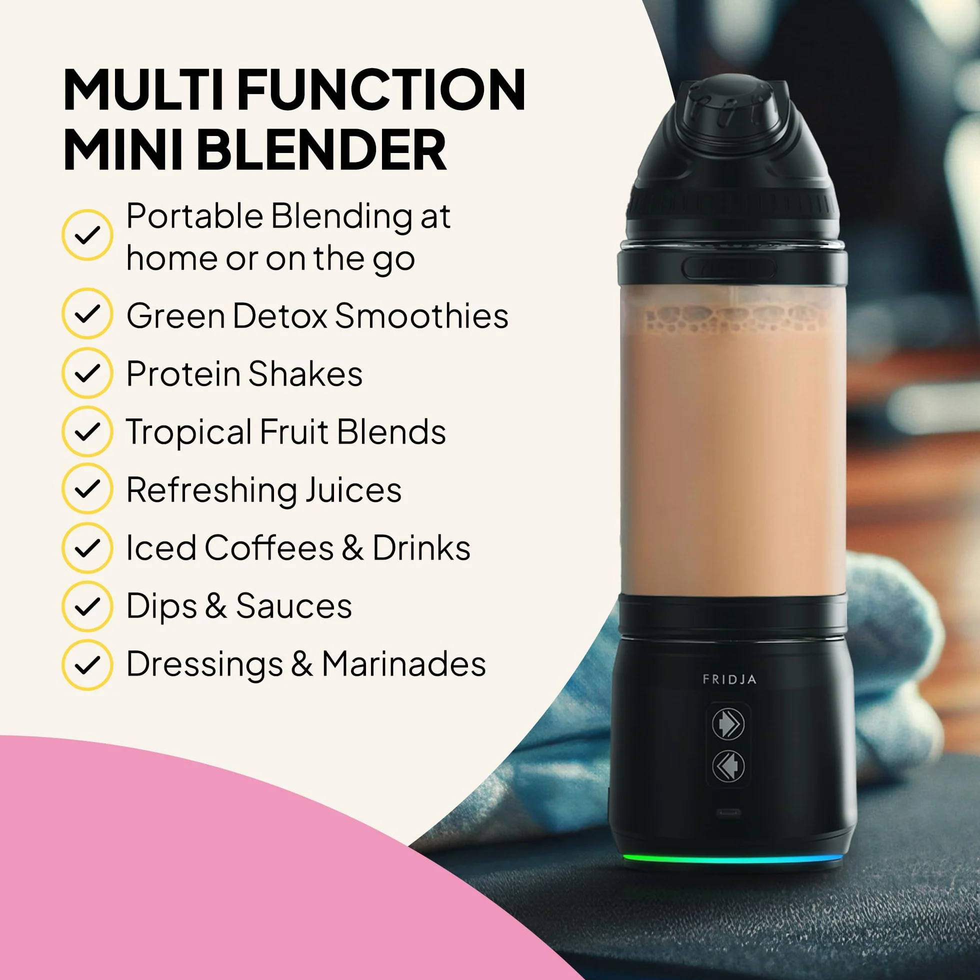 Fridja Przenośny blender F500, mocny silnik 240 W, akumulator USB-C, szczelna i kompaktowa konstrukcja, idealny do smoothie, koktajli proteinowych, podróży i siłowni, butelka bez BPA, 6-listkowe