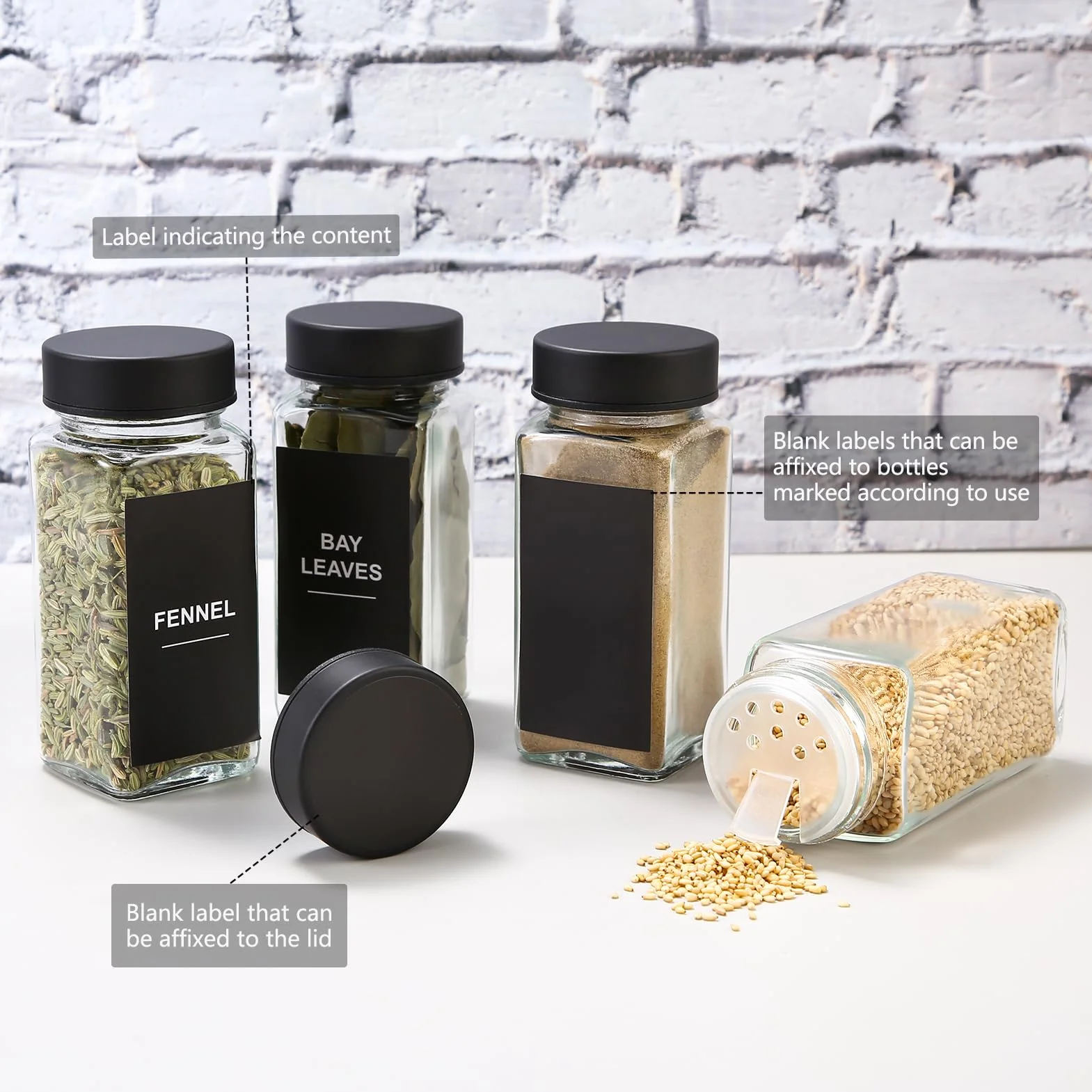 LUFEVRM Minimalistyczne kwadratowe szklane słoiki na przyprawy z pokrywkami, 120 ml, 4,3 cm x 10,7 cm x 4,1 cm, zawiera lejek i szczotkę, organizer na przyprawy