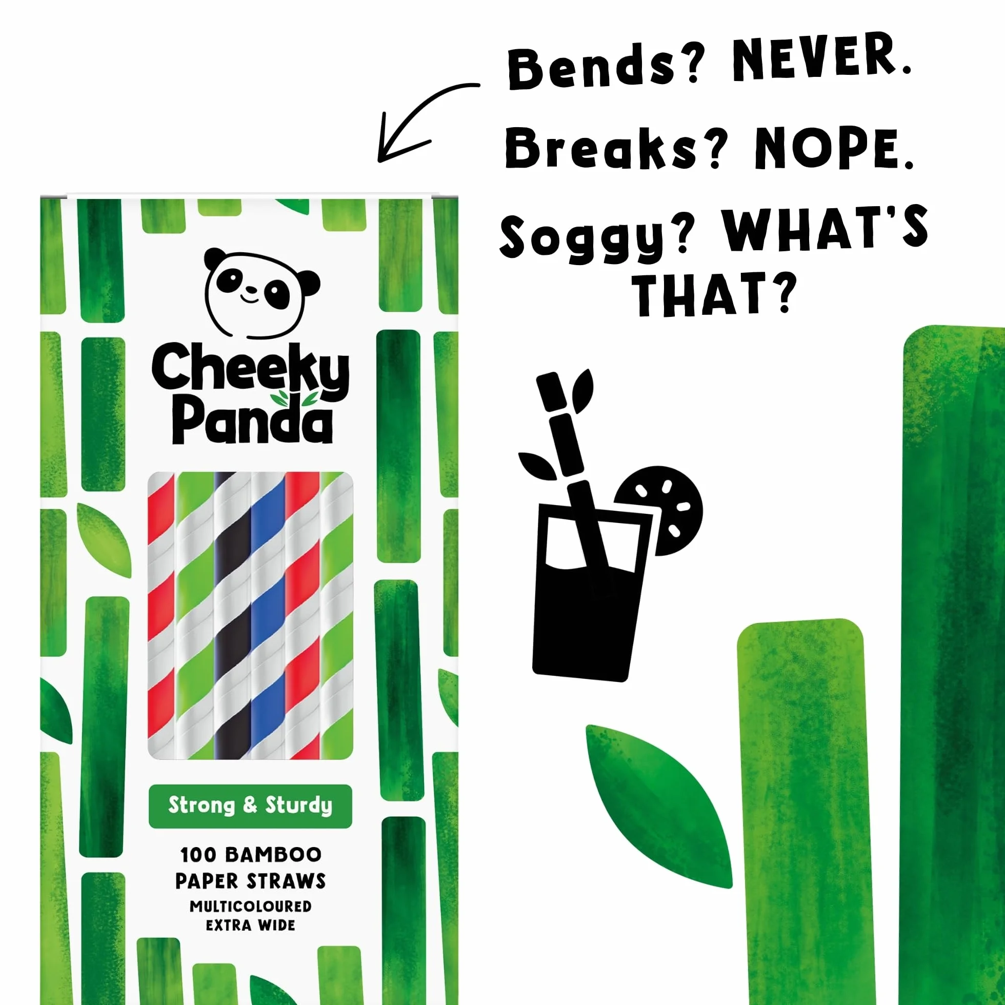 The Cheeky Panda Bambusowe papierowe słomki do herbaty bąbelkowej, 100 wielokolorowych, szerokich słomek do picia, do herbaty Boba, koktajli mlecznych i smoothie