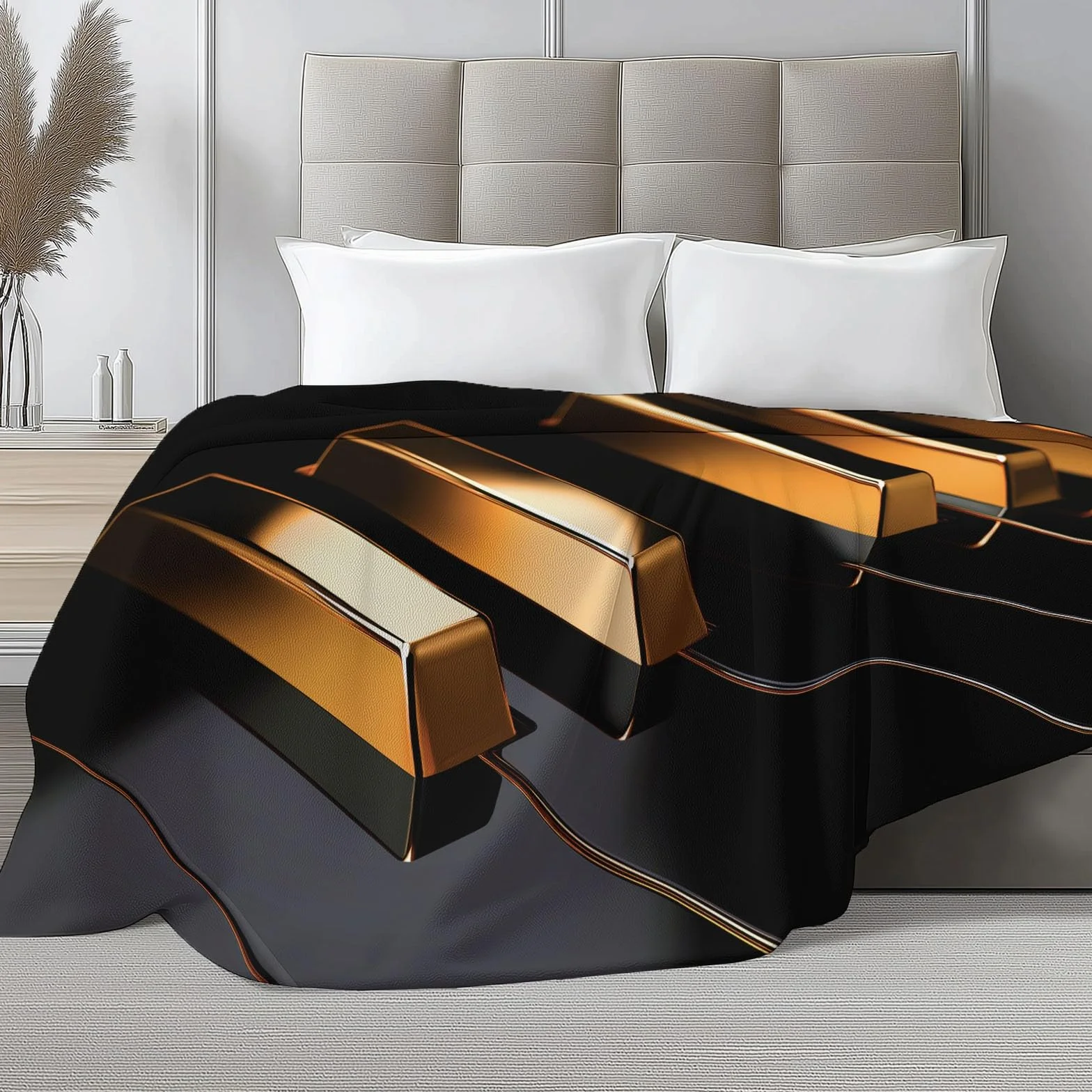 Puszysty czarny koc flanelowy, narzuta na sofę, łóżko, krzesło, miękkie, luksusowe klawisze fortepianowe, pościel, 220 x 240 cm, dekoracyjny, ultramiękki koc na łóżko dla dzieci, nastolatków