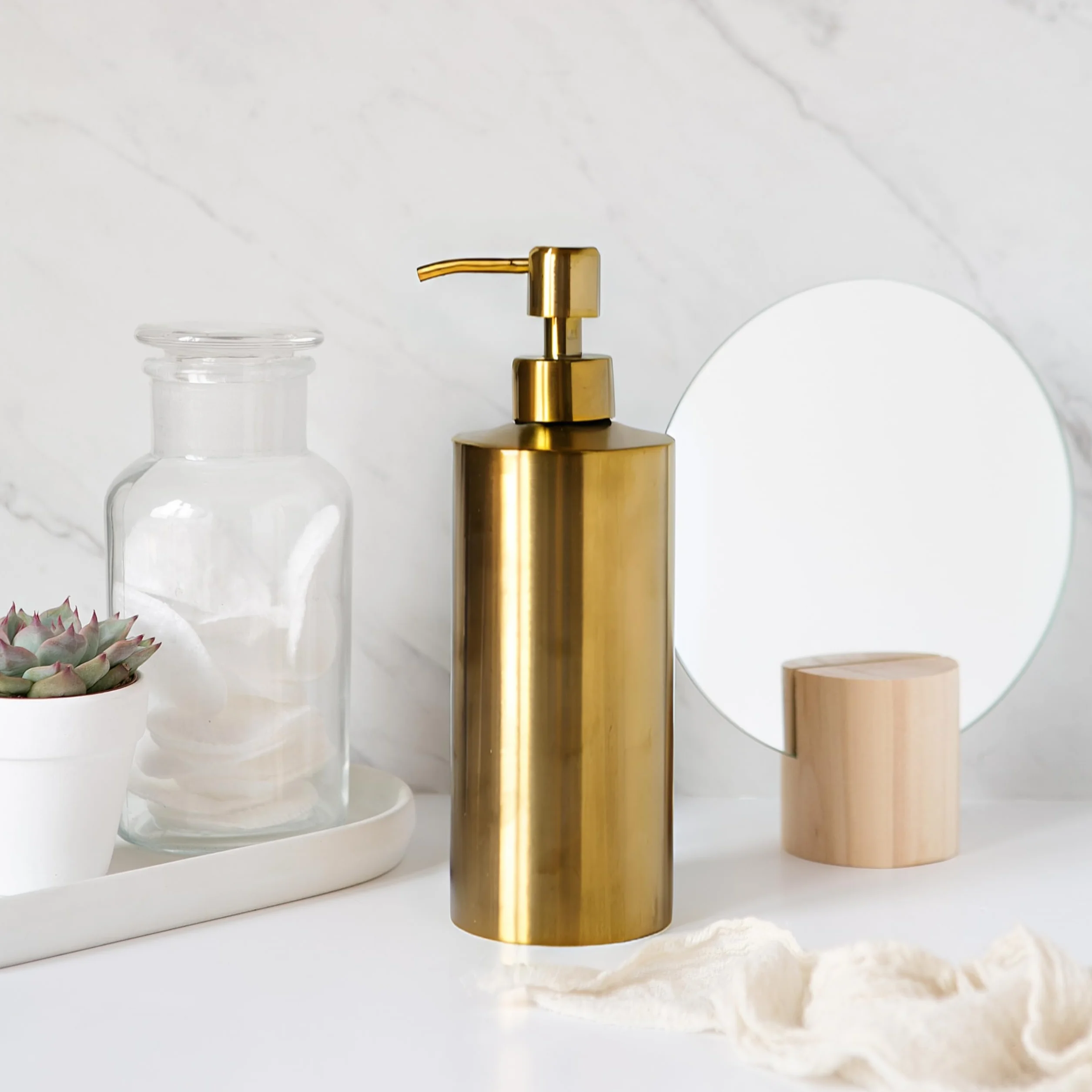 Yew Design Złoty mosiężny dozownik mydła ze stali nierdzewnej do łazienki i zlewu kuchennego, 450 ml, do napełniania, okrągły, nierdzewny dozownik do naczyń, pompka do detergentu, balsamu, na blat