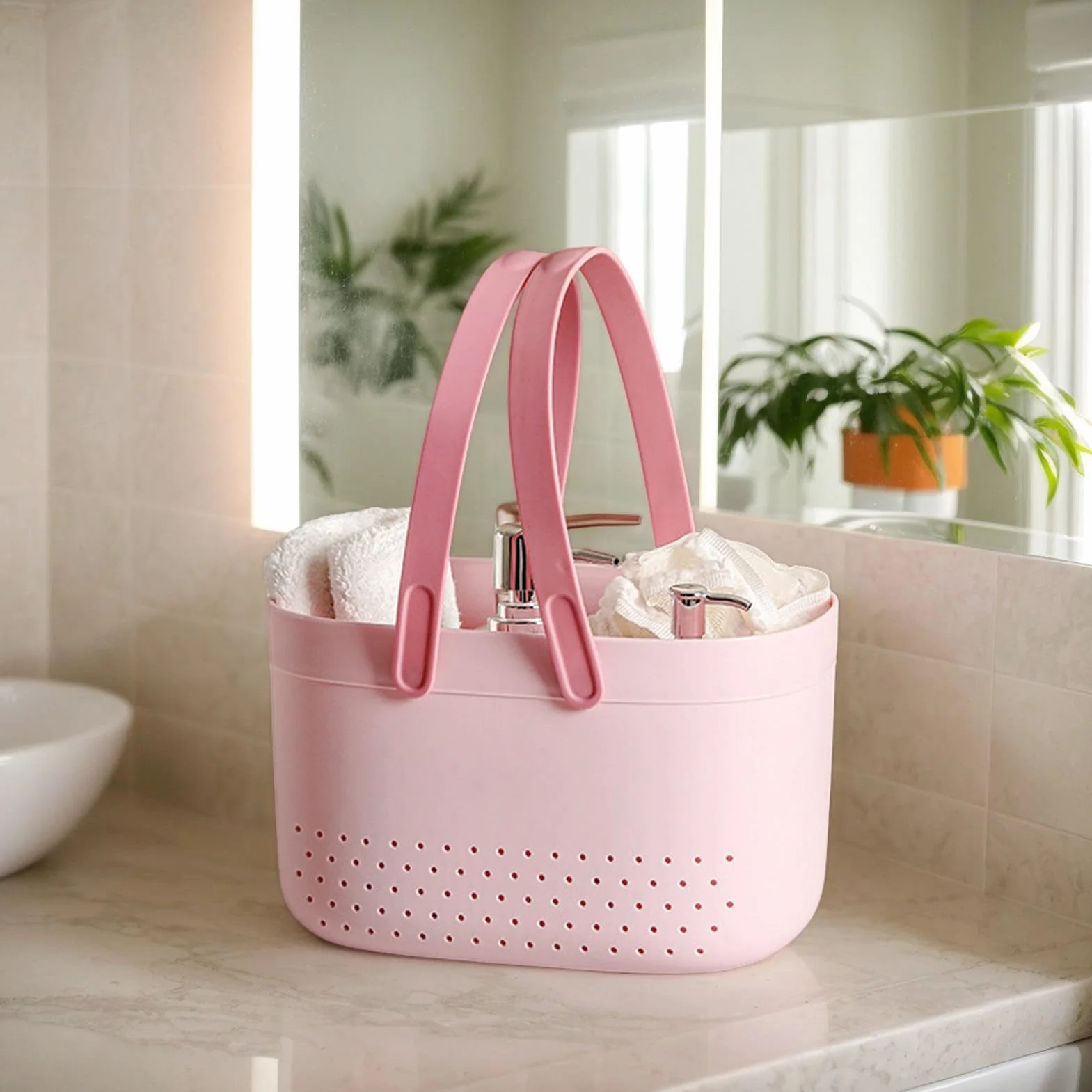 Shower Organizer Basket, Bath Storage Bin, Toiletry Basket with Handles, Drainage Shower Organizer, 25x17x14.5cm Storage Basket for Bathrooom PP+ Shower Bin, Lightweight, Pink White