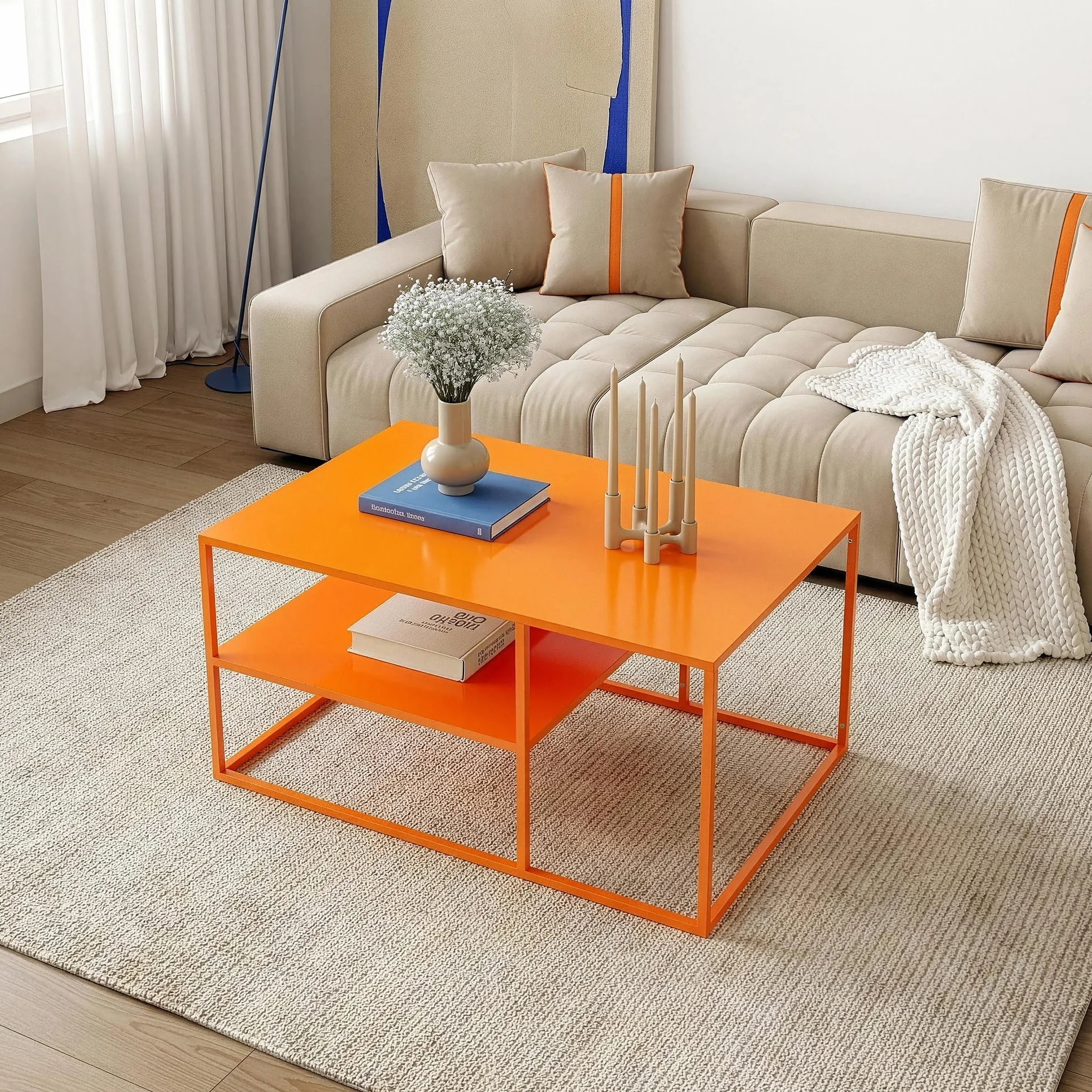 Stolik kawowy Solund metalowy pomarańczowy 90x60x45 cm prostokątny z miejscem do przechowywania