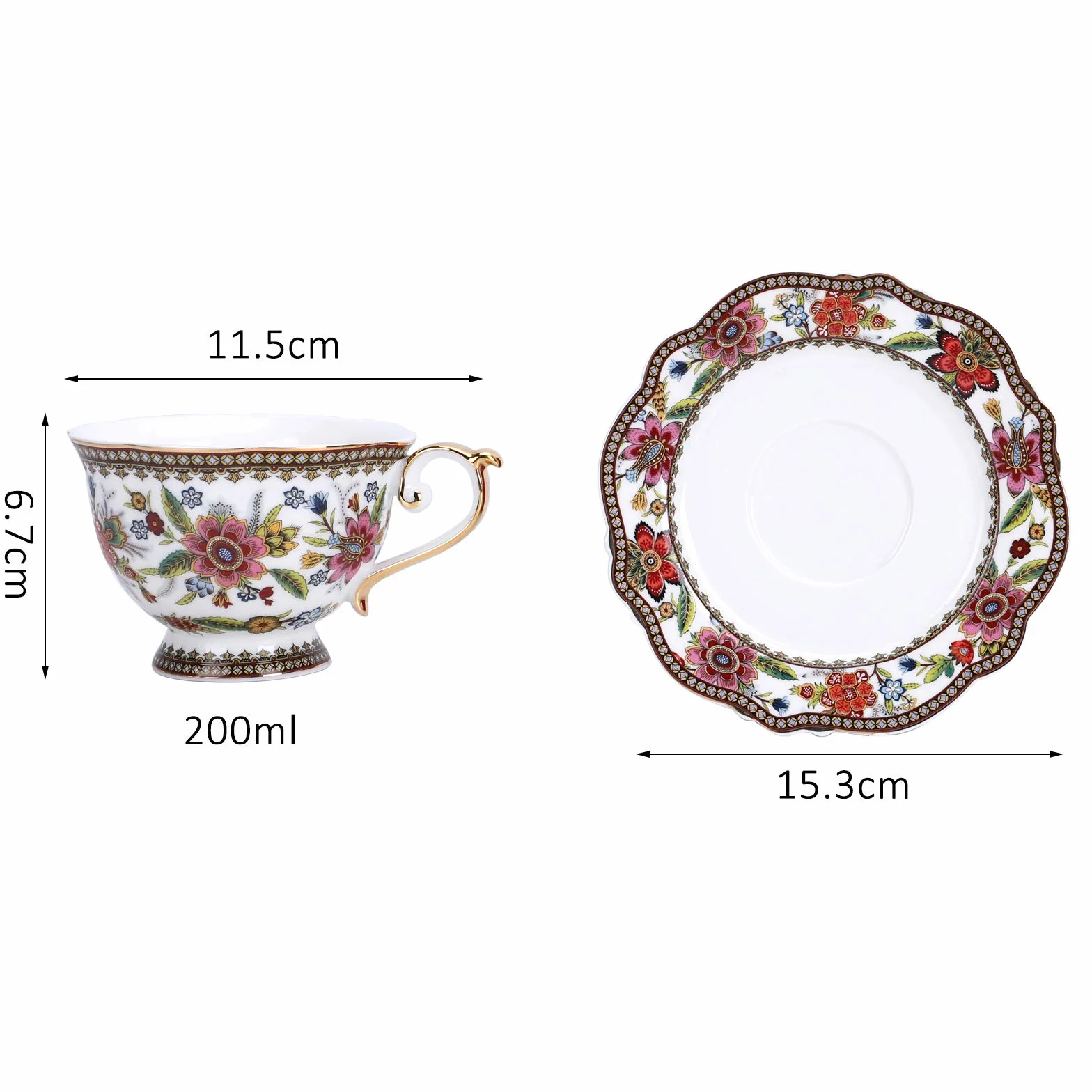 fanquare Filiżanka i spodek z chińskiej porcelany z motywem czerwonych kwiatów, vintage, porcelanowa filiżanka do kawy, 200 ml