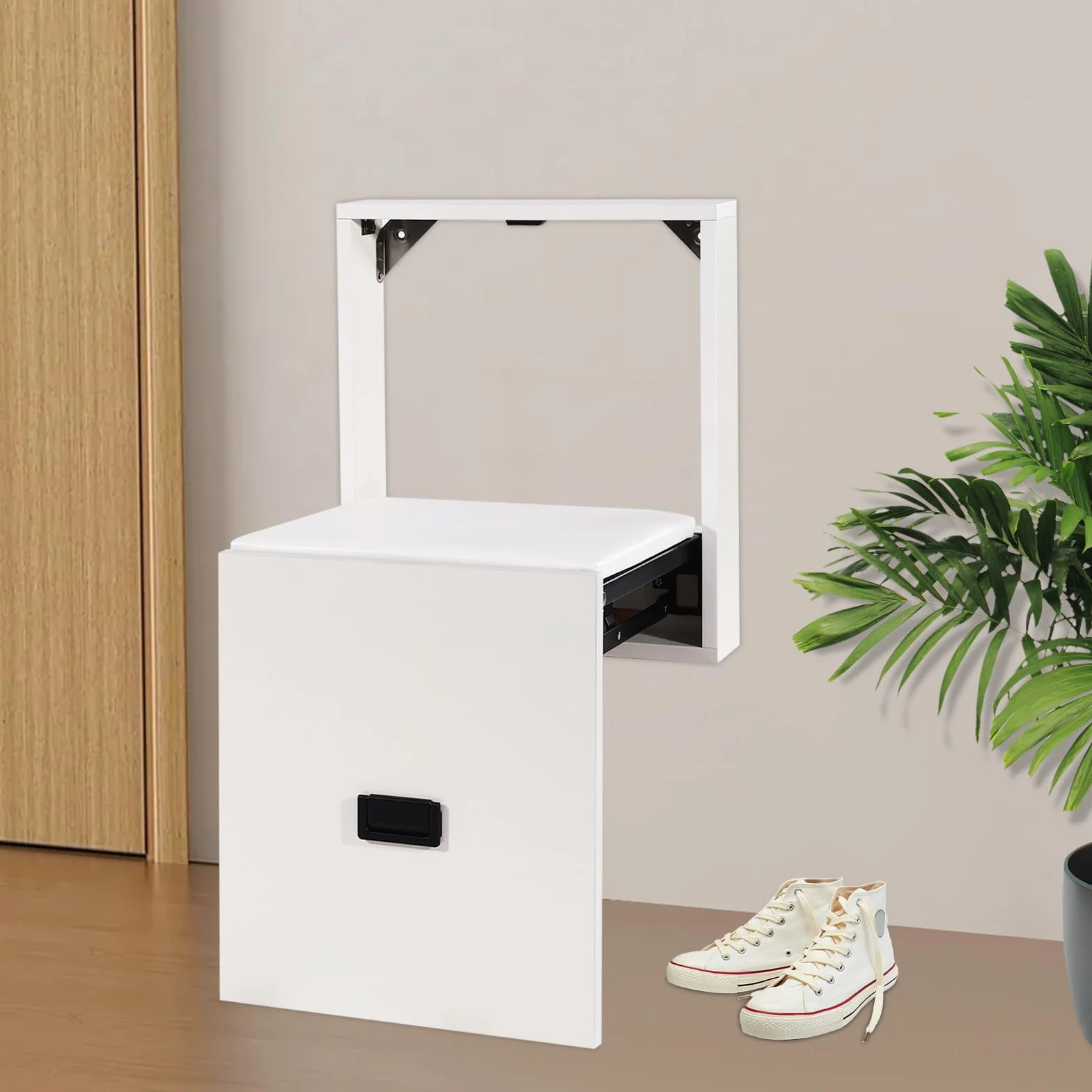 Krzesło składane ścienne, 35,5 x 36,5 cm, składane siedzisko, ściana krzesło składane, obciążenie całkowite 150 kg, montowany na ścianie, składany taboret na buty (czysta biel)