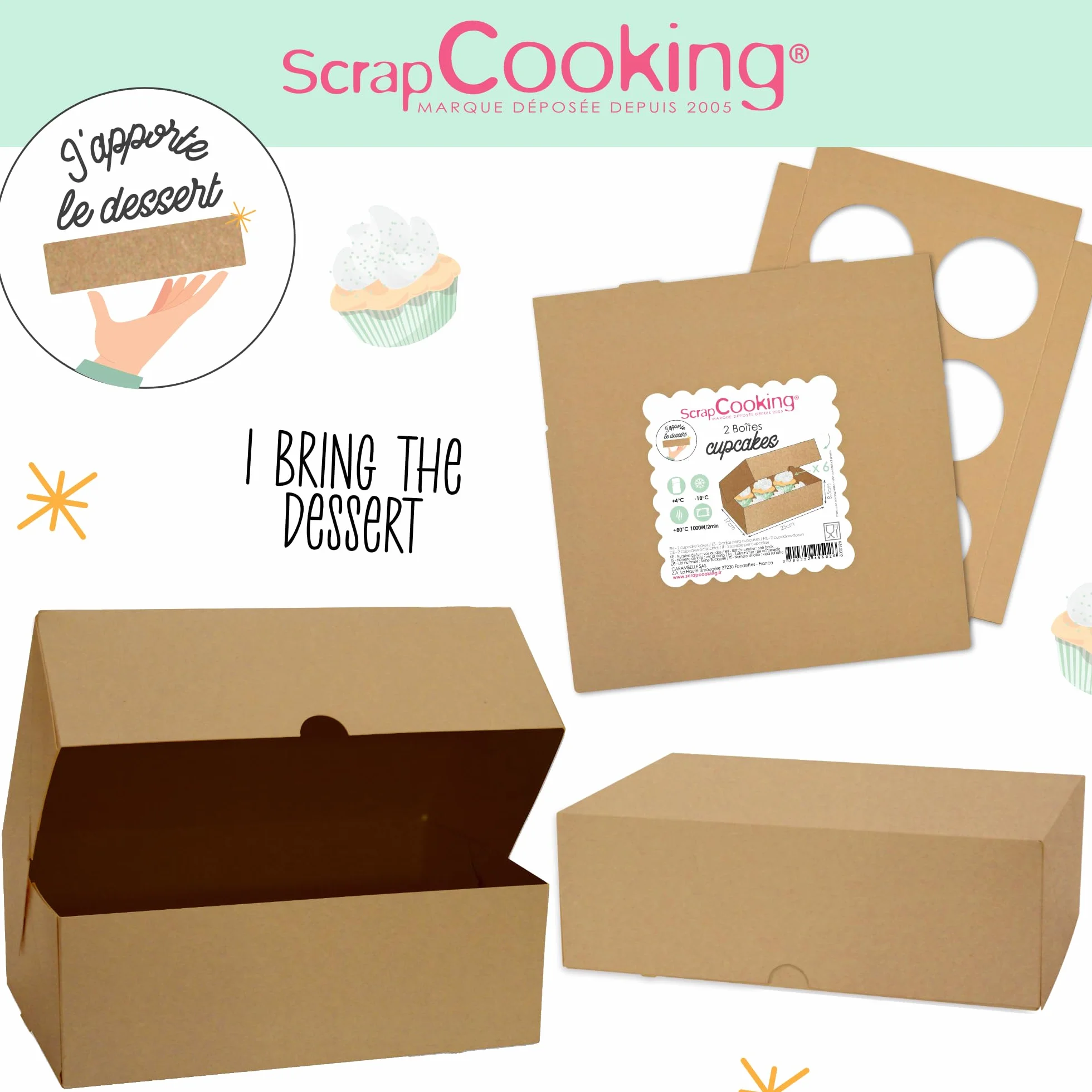 SCRAP COOKING - Zestaw 2 pudełek na babeczki - Karton Kraft Recykling Food - 17 x 25 x 8,5 cm - do transportu 6 babeczek babeczek, ciast deserowych - Wyprodukowano we Francji - 5502