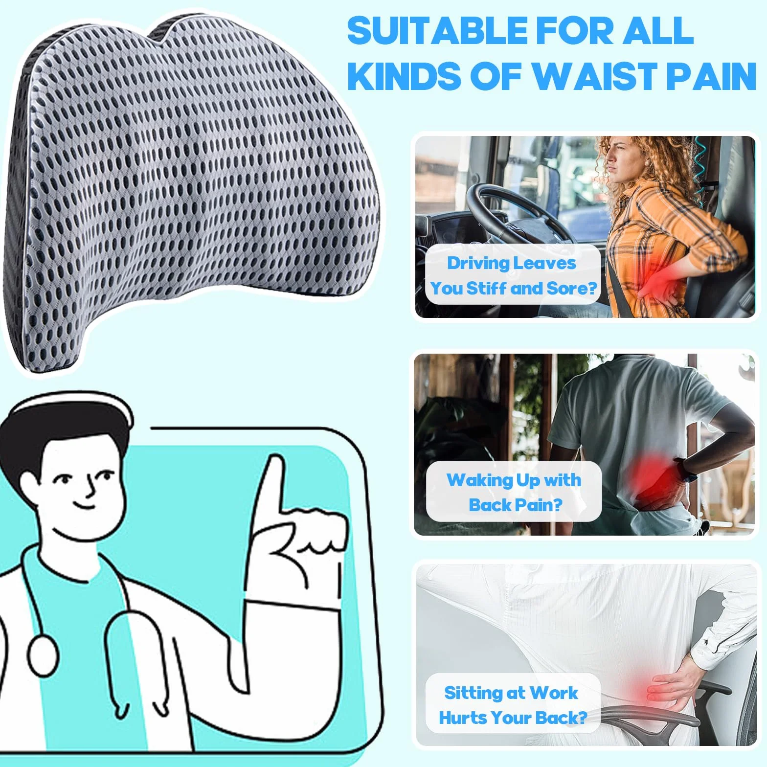 Poduszka pod lędźwie ergonomiczna pianka z pamięcią kształtu do fotela samochodowego i biurowego